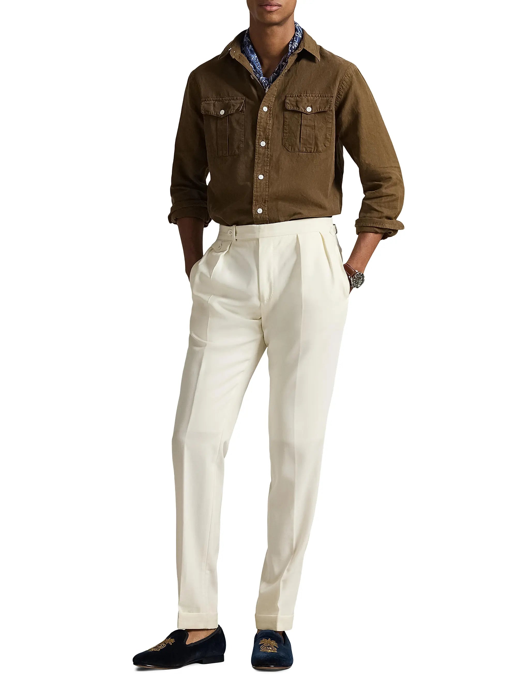 Classic Fit Linen-Silk-Cotton Workshirt - Brown