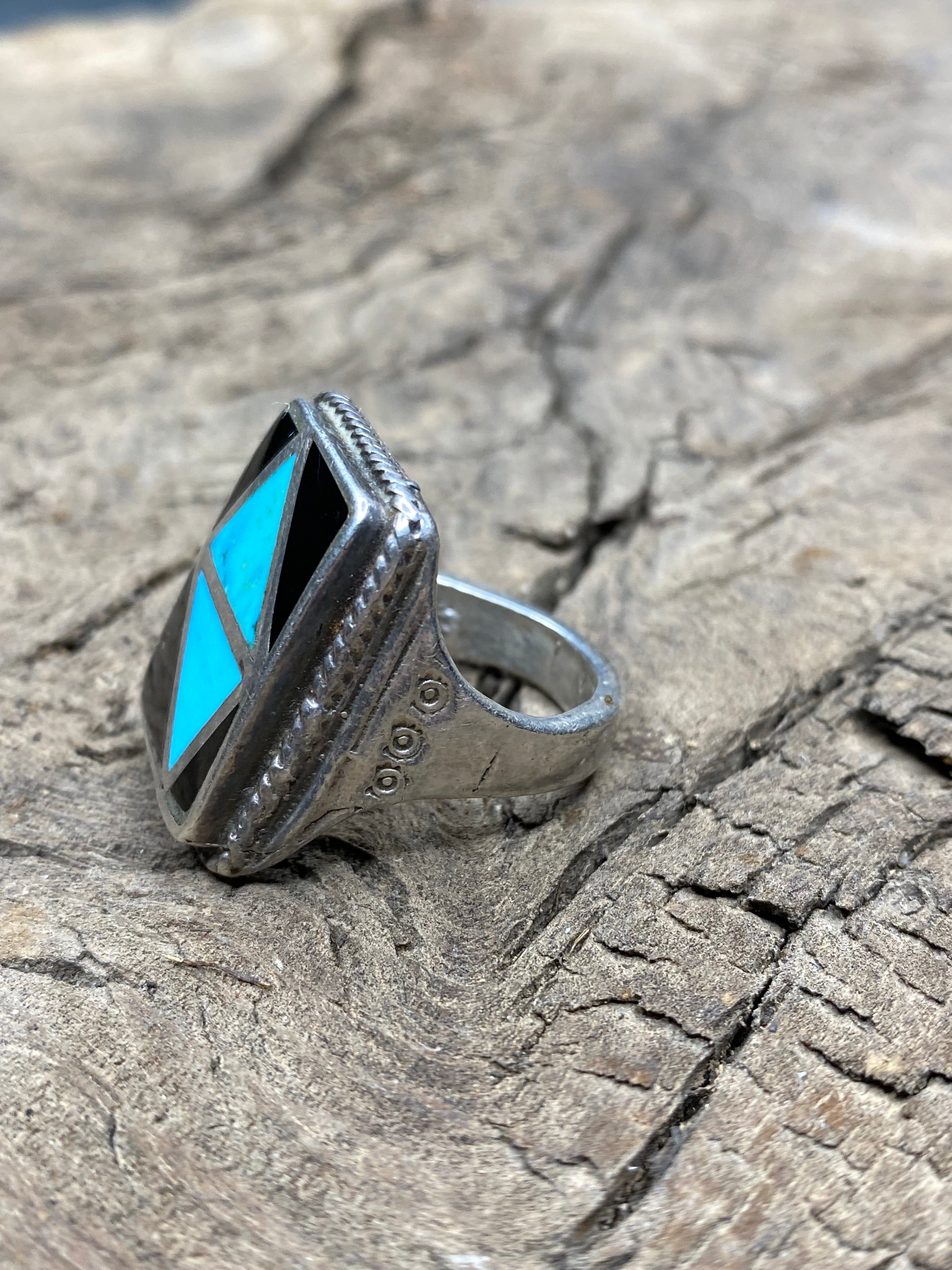 Vintage Turquoise and Black Onyx Silver Inlay Men's Ring - Size 10