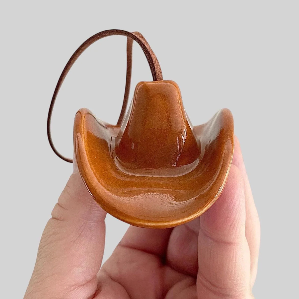 Small Ceramic Cowboy Hat Ornament with Vegan Leather Cord