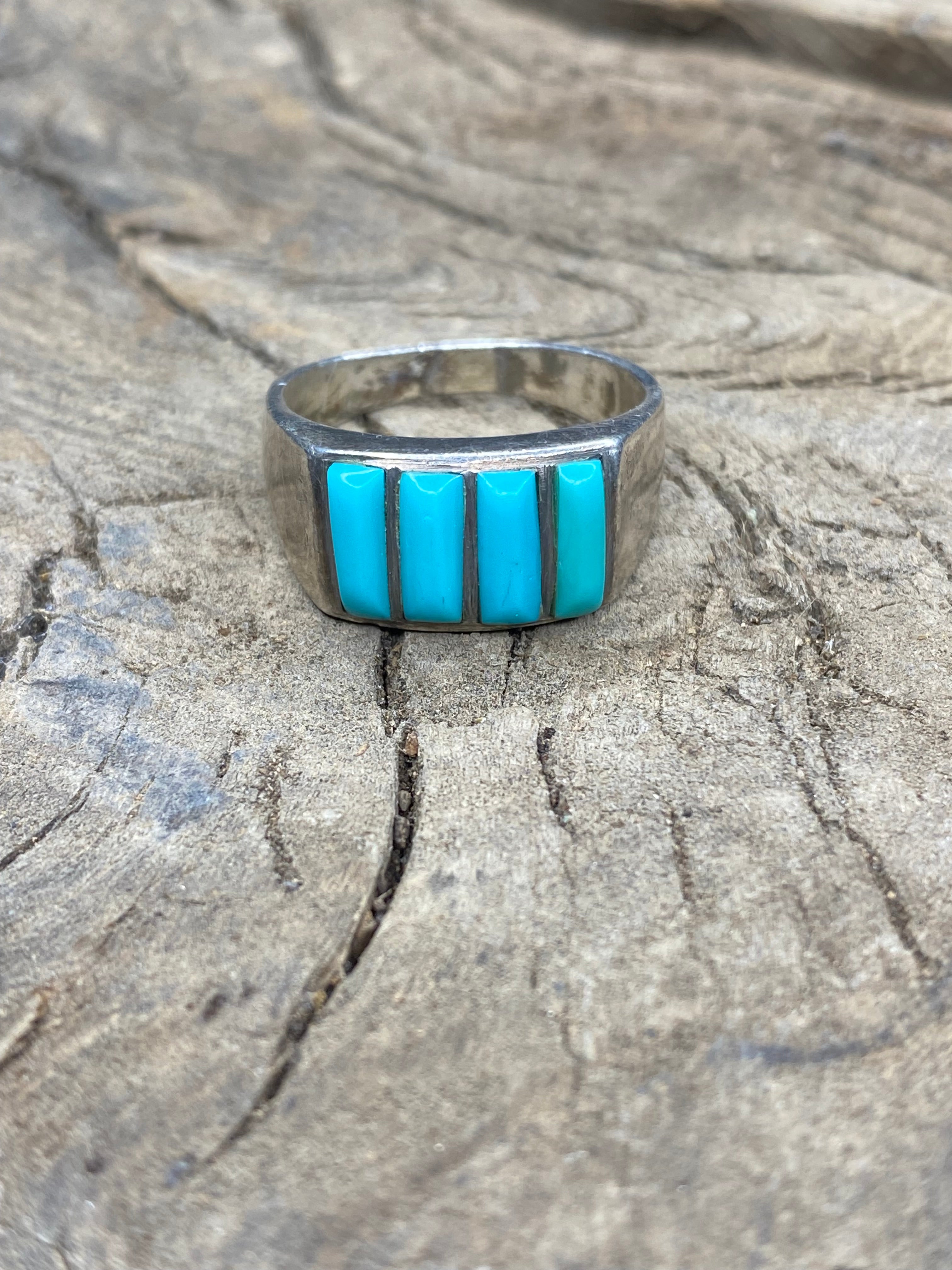 Vintage Turquoise Inlay Silver Men's Ring - Size 11.5
