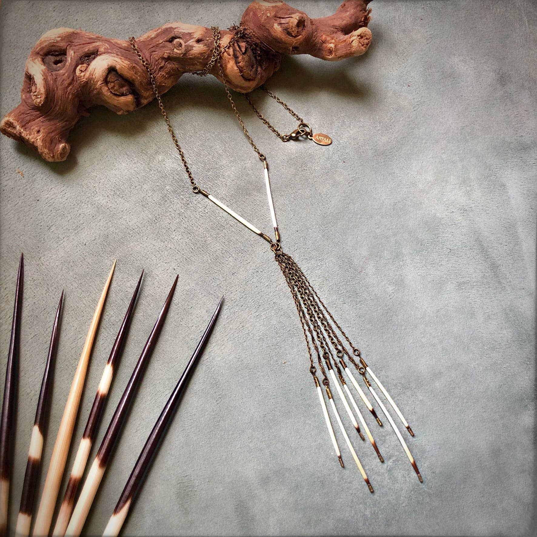 Porcupine Quill Fringe Necklace, Black/Brown & Ivory/White