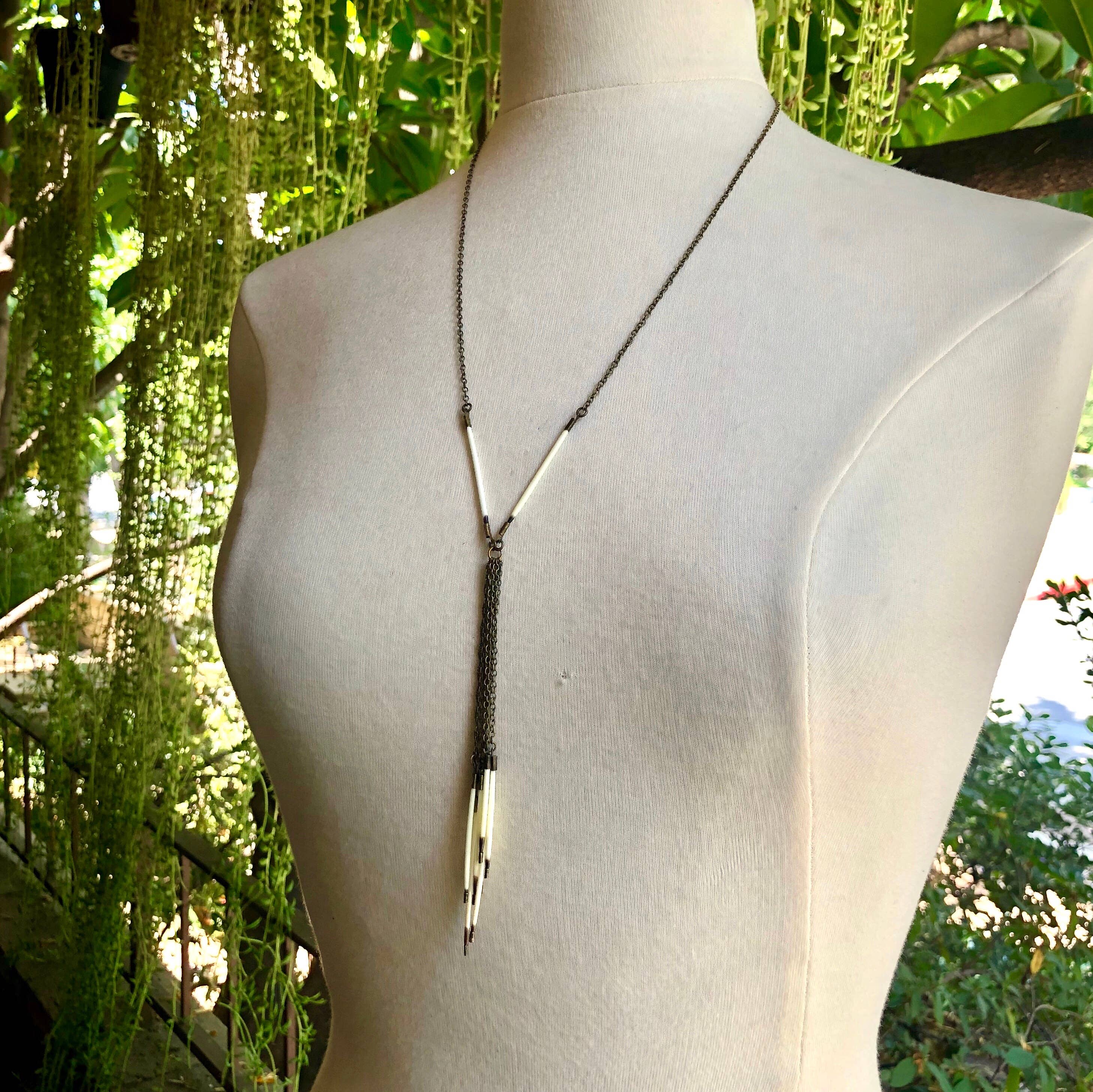 Porcupine Quill Fringe Necklace, Black/Brown & Ivory/White