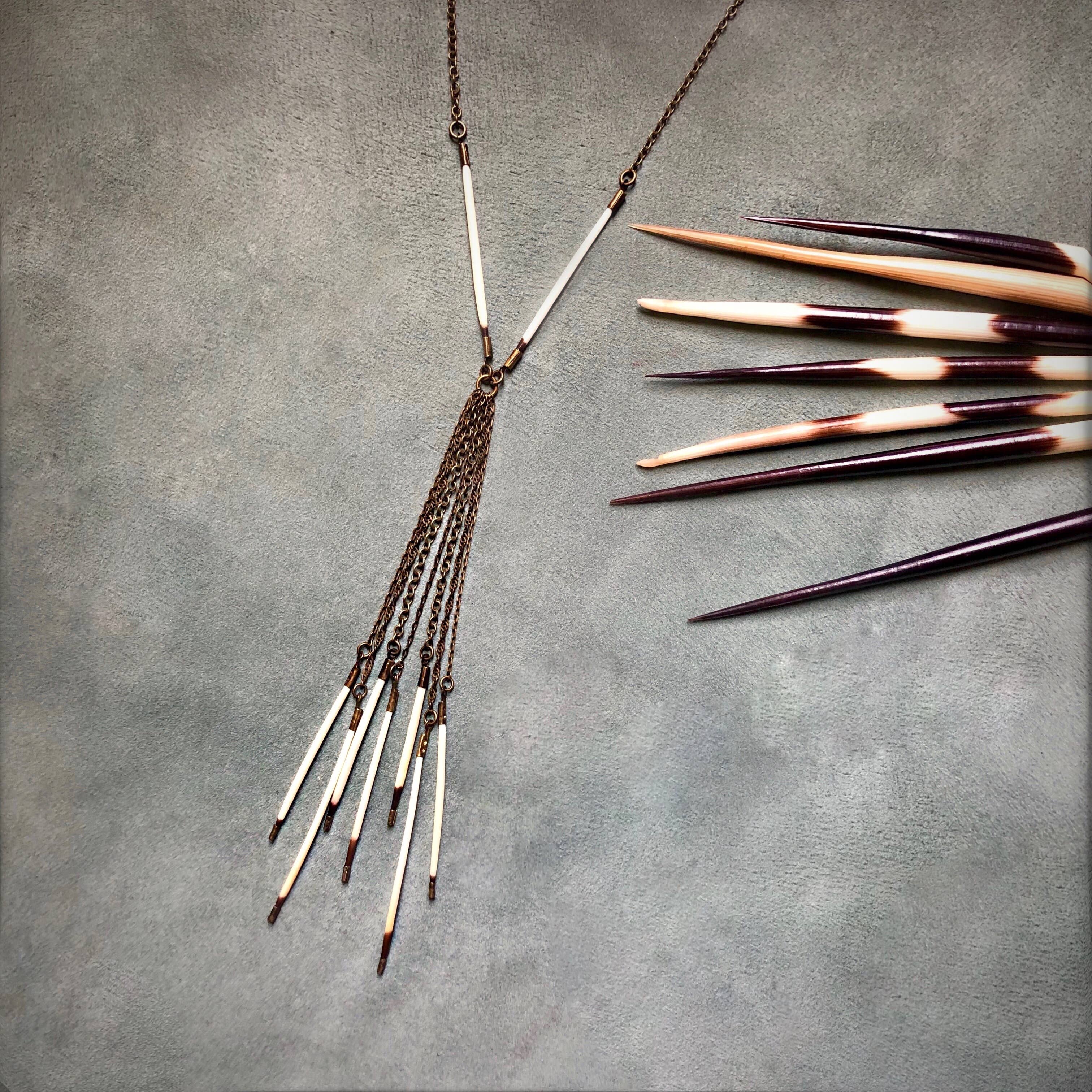 Porcupine Quill Fringe Necklace, Black/Brown & Ivory/White