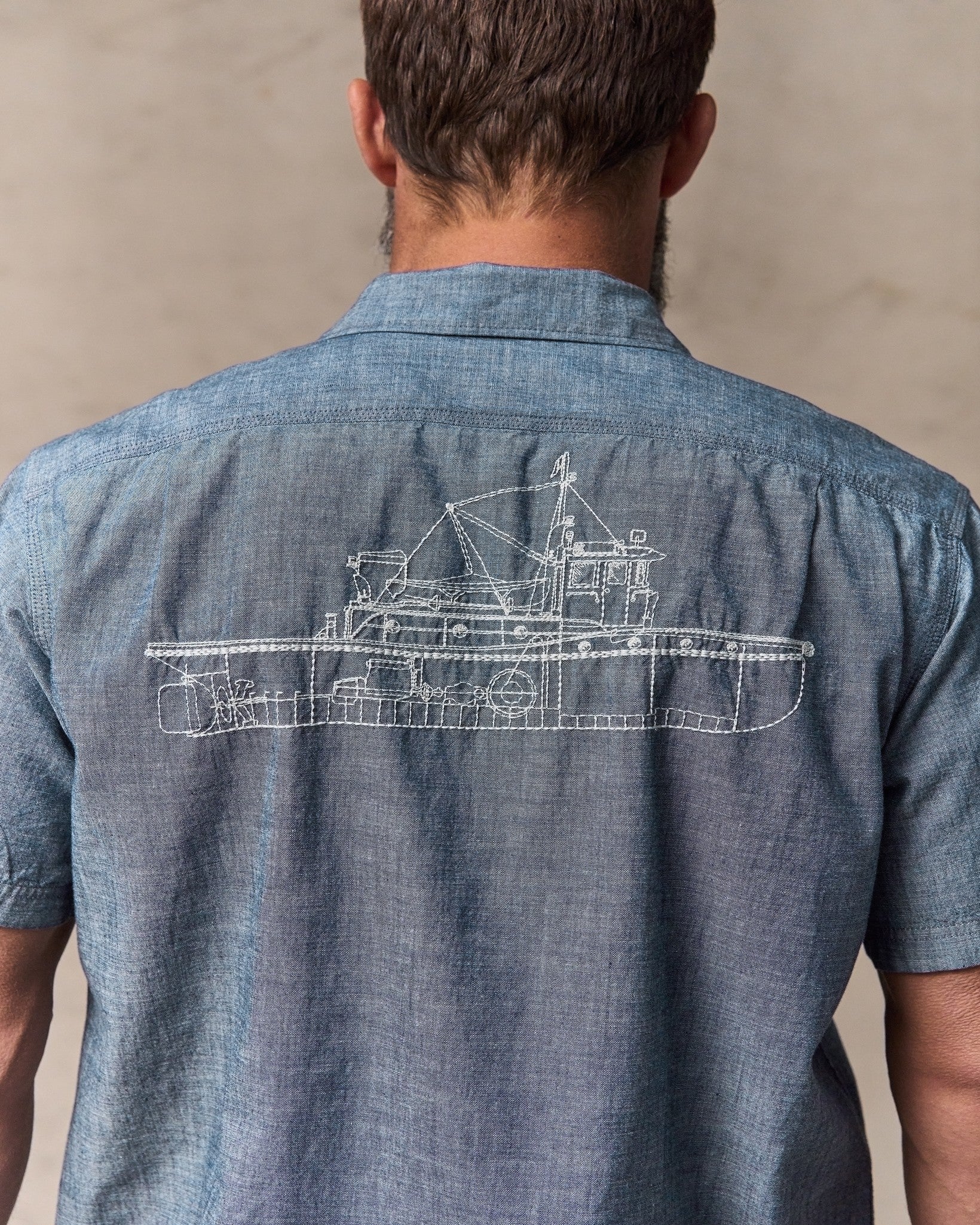 Short-sleeve Embroidered Chambray Shirt