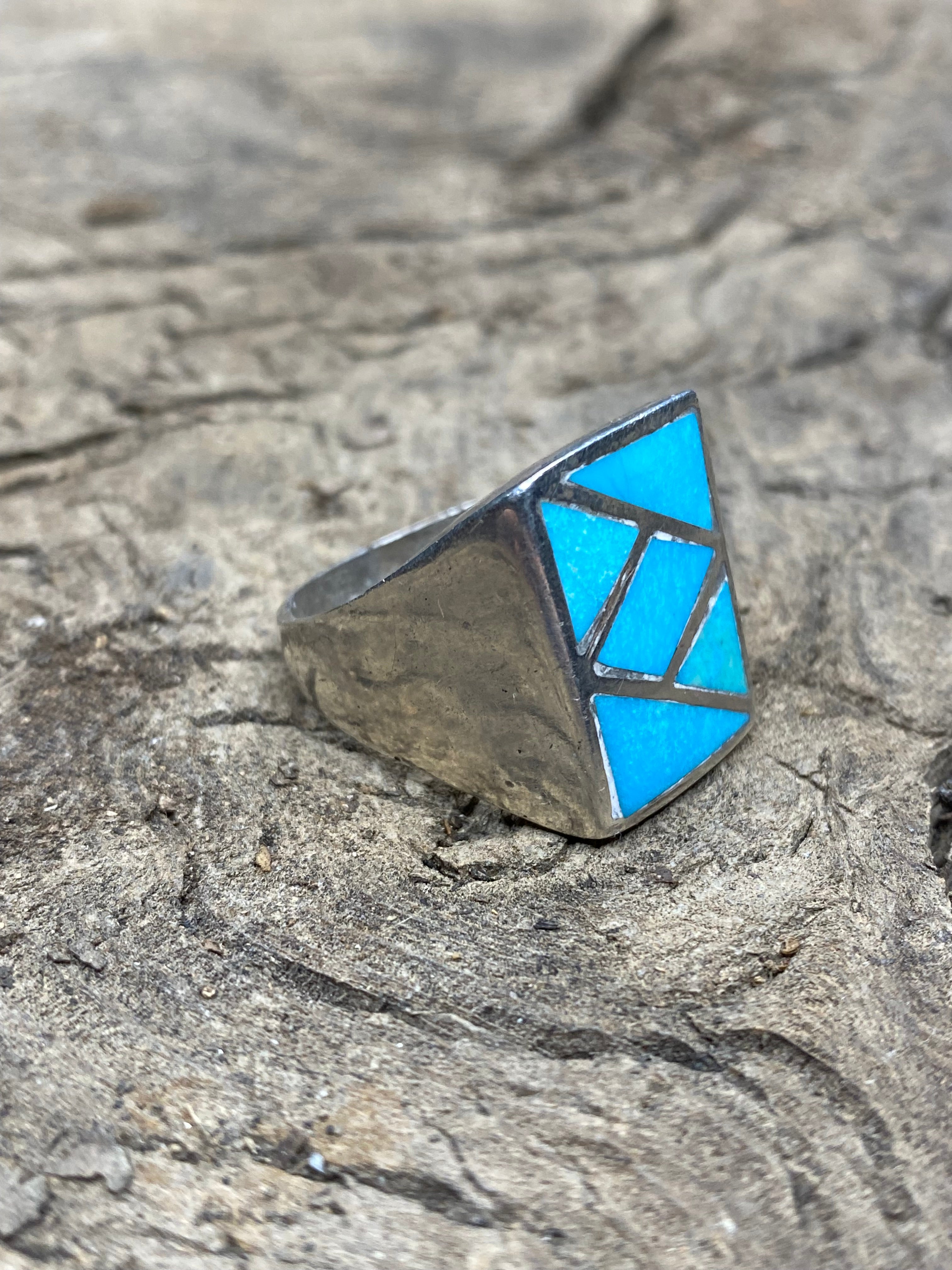 Vintage Turquoise Silver Inlay Men's Ring - Size 10.5