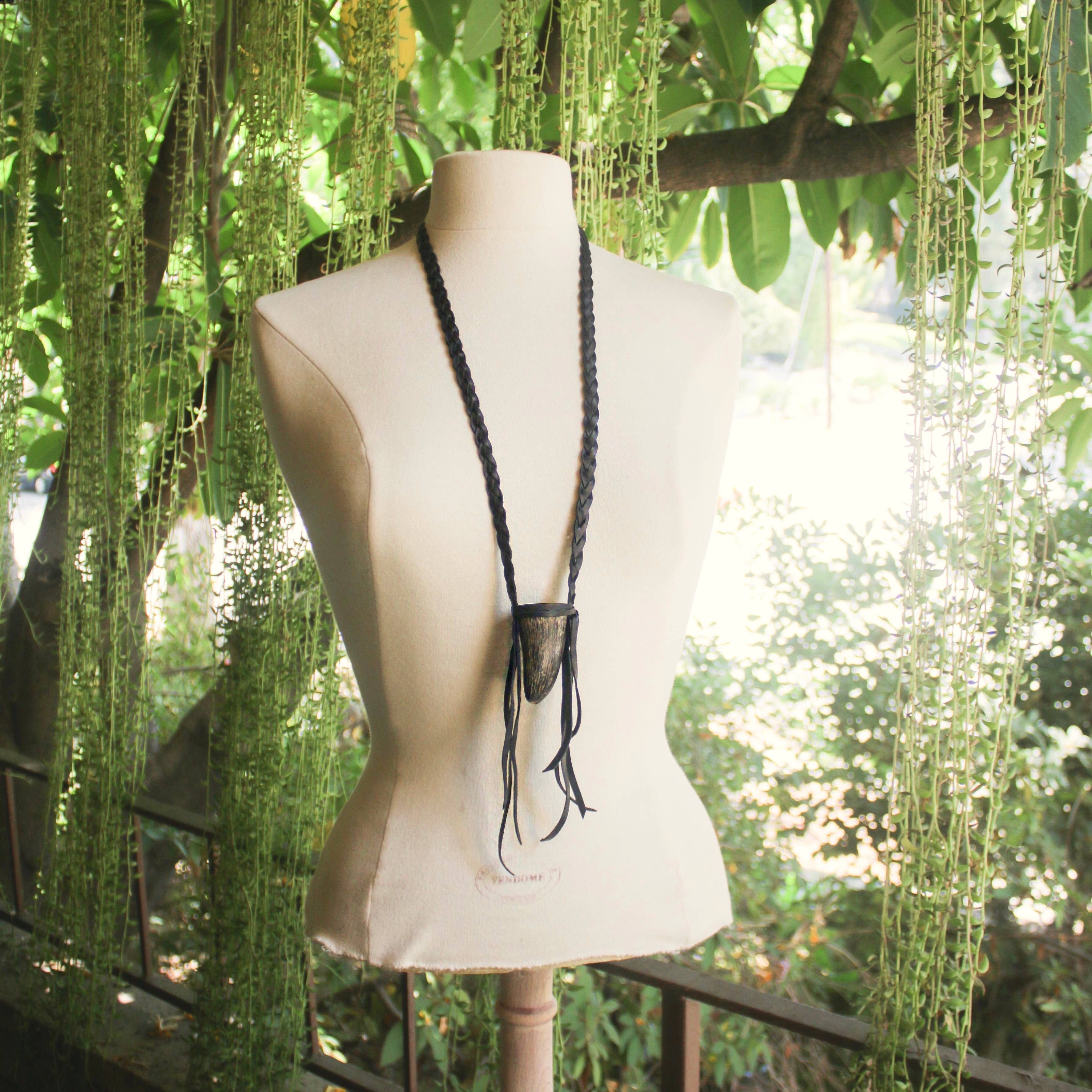 Buffalo Horn Necklace - Black, Real Horn, Braided Necklace