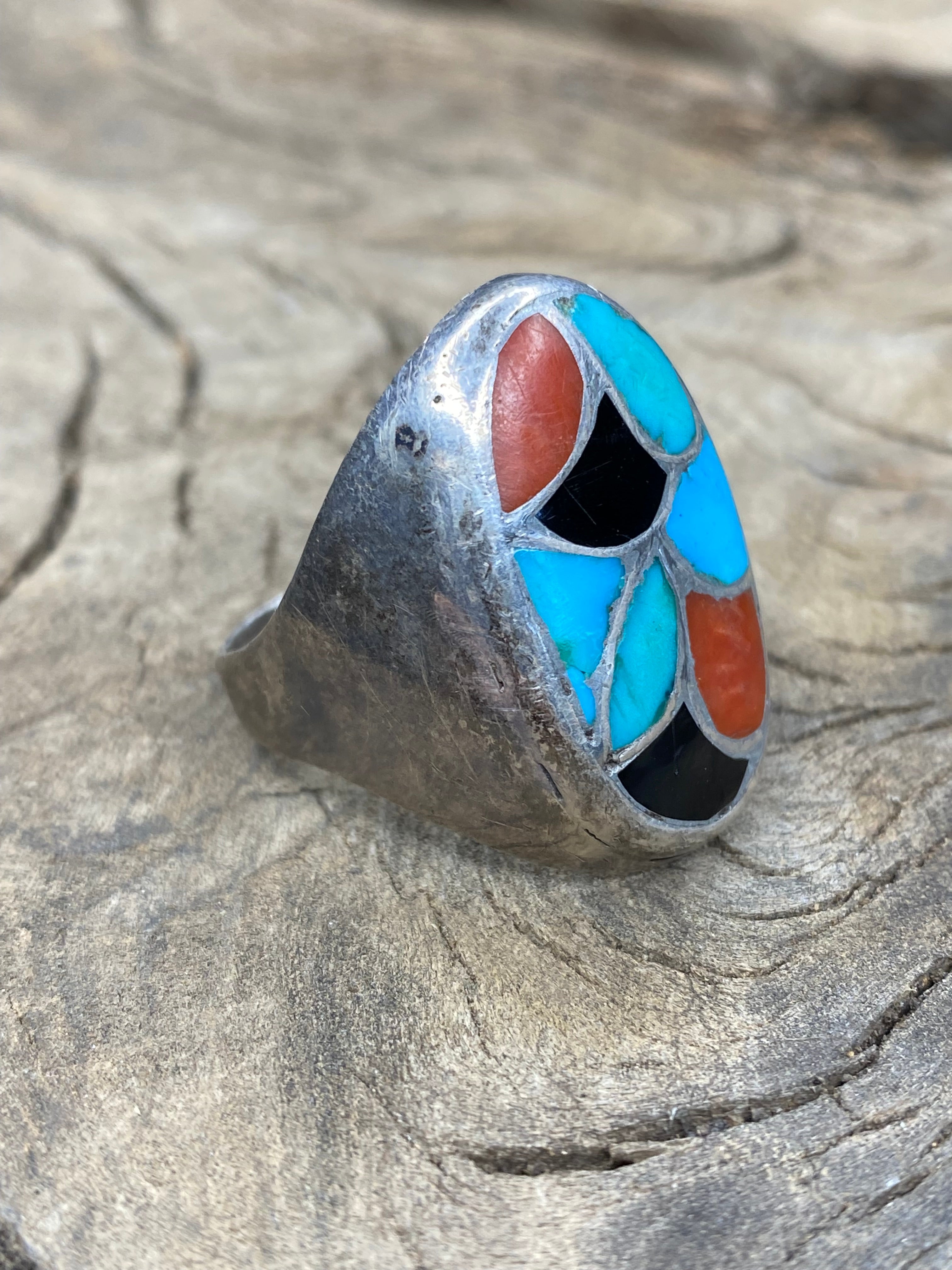 Vintage Multi-Stone Inlay Fish Scale Silver Men's Ring - Size 10.5