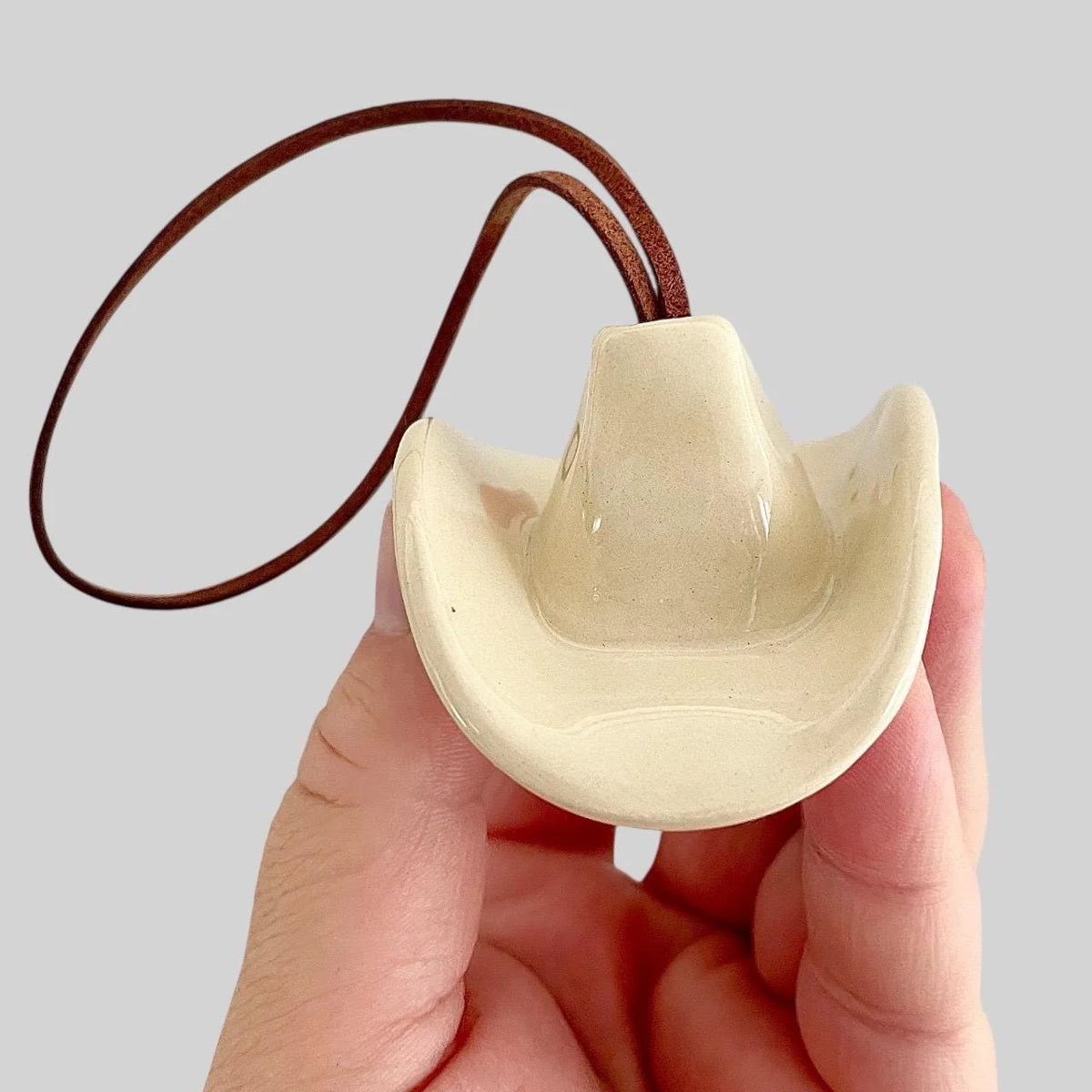 Small Ceramic Cowboy Hat Ornament with Vegan Leather Cord