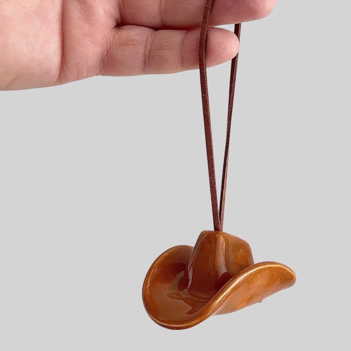 Small Ceramic Cowboy Hat Ornament with Vegan Leather Cord