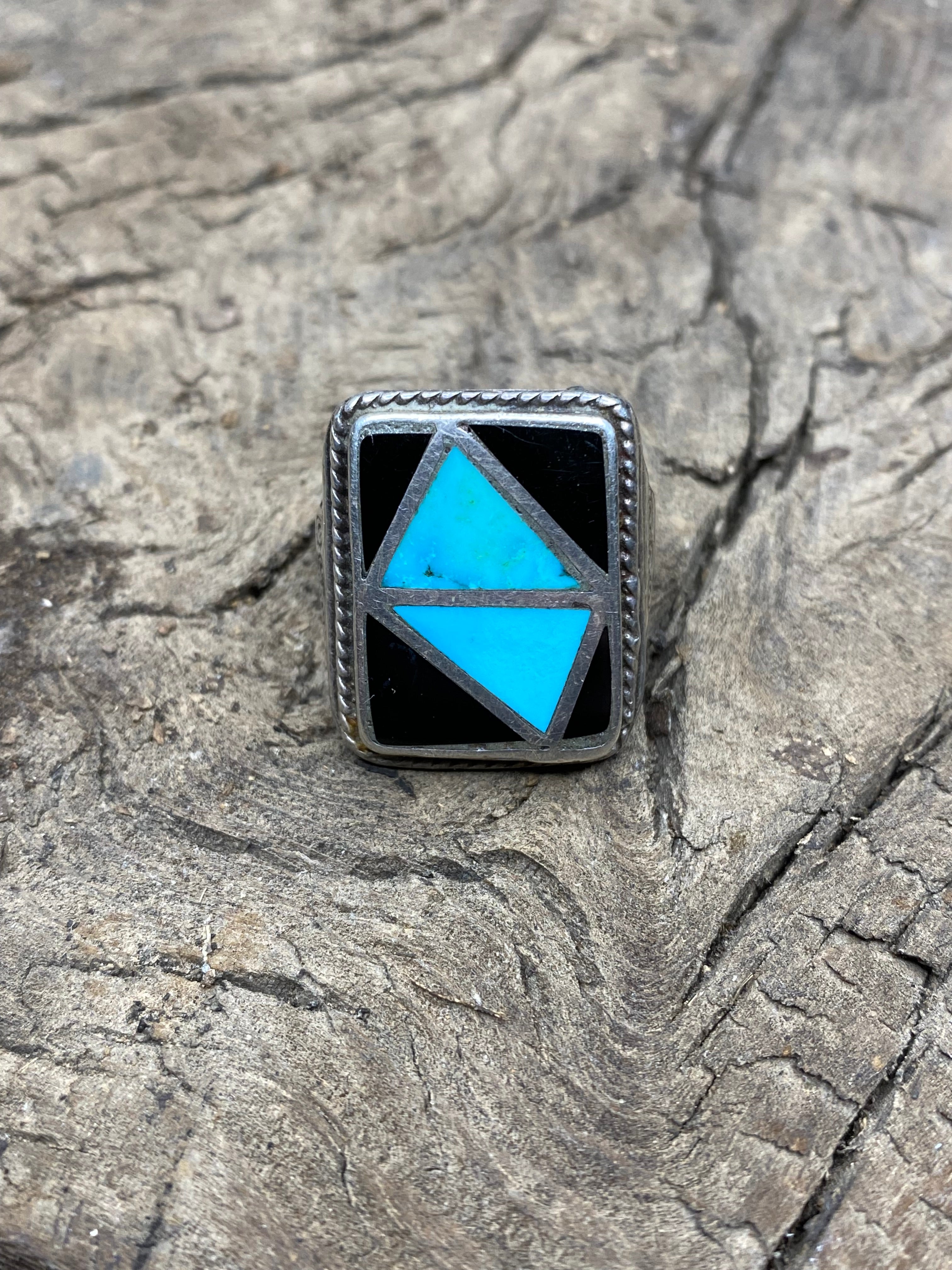 Vintage Turquoise and Black Onyx Silver Inlay Men's Ring - Size 10