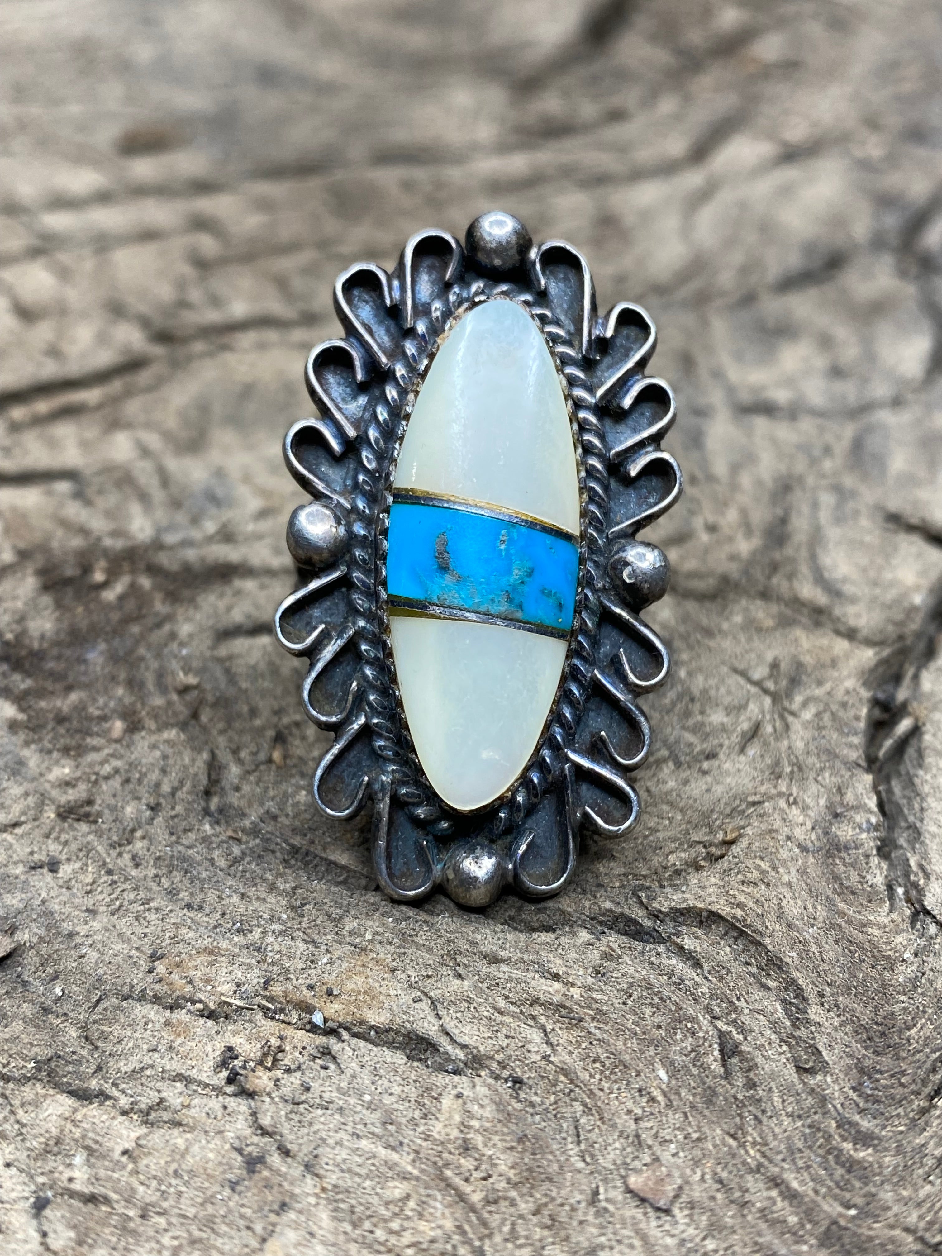 Vintage Turquoise and Mother of Pearl Silver Ring - Size 8