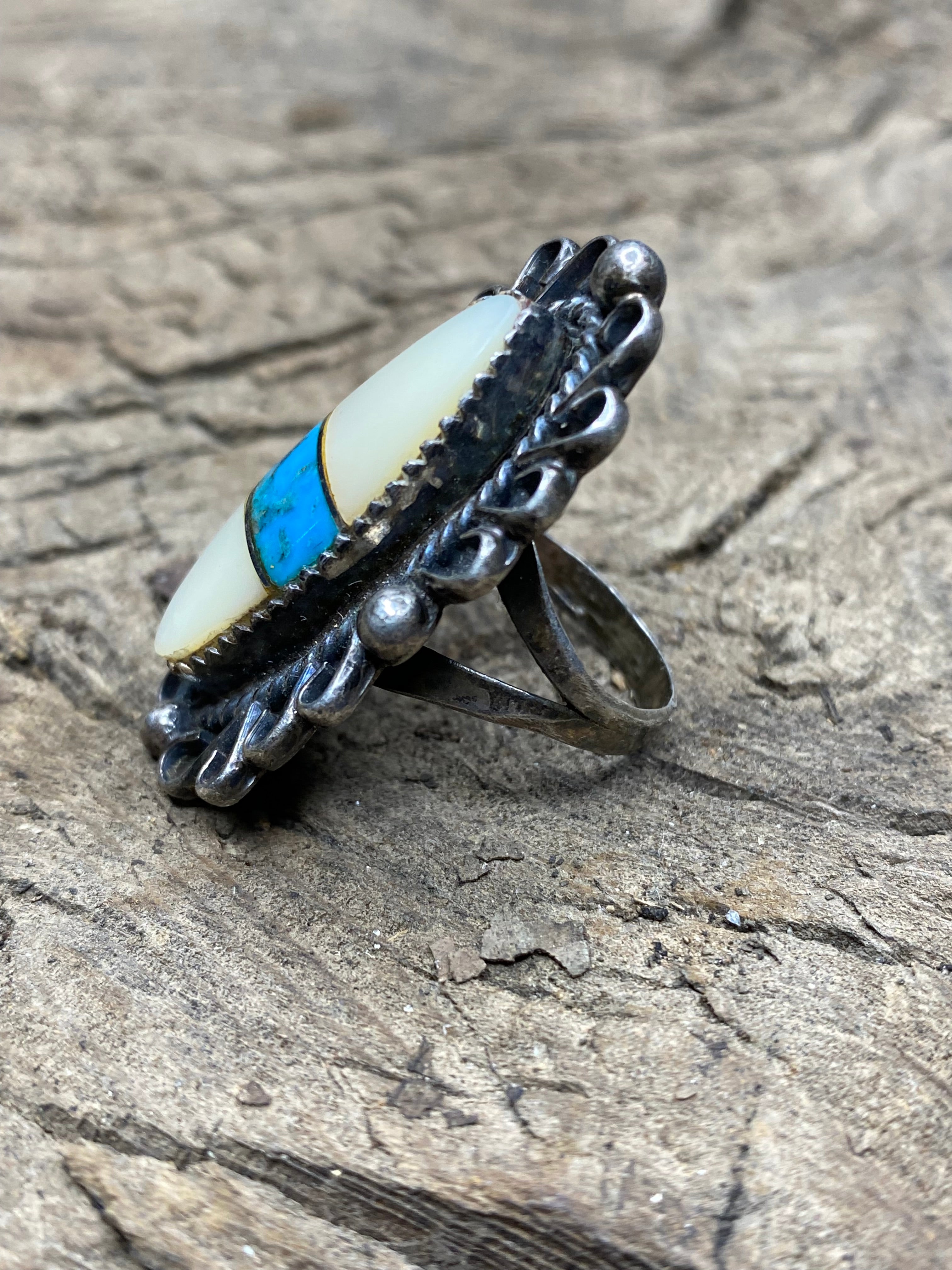 Vintage Turquoise and Mother of Pearl Silver Ring - Size 8