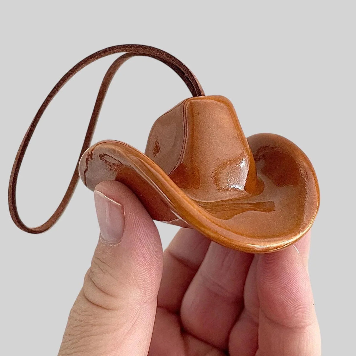 Small Ceramic Cowboy Hat Ornament with Vegan Leather Cord