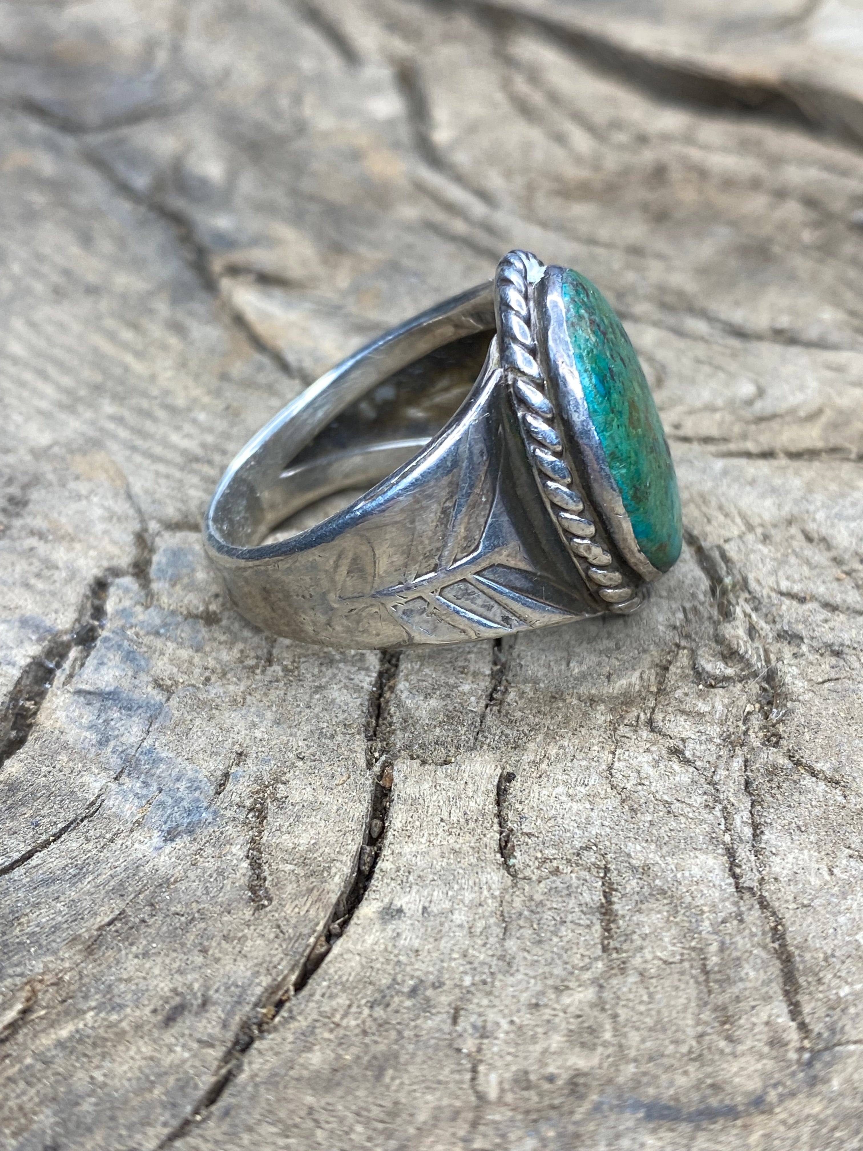 Vintage Chrysocolla Silver Men's Ring - Size 13