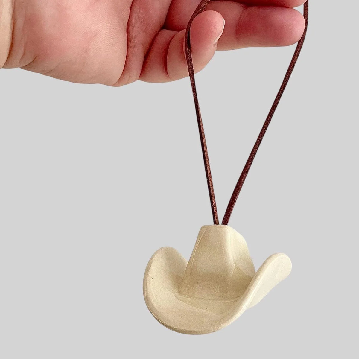 Small Ceramic Cowboy Hat Ornament with Vegan Leather Cord