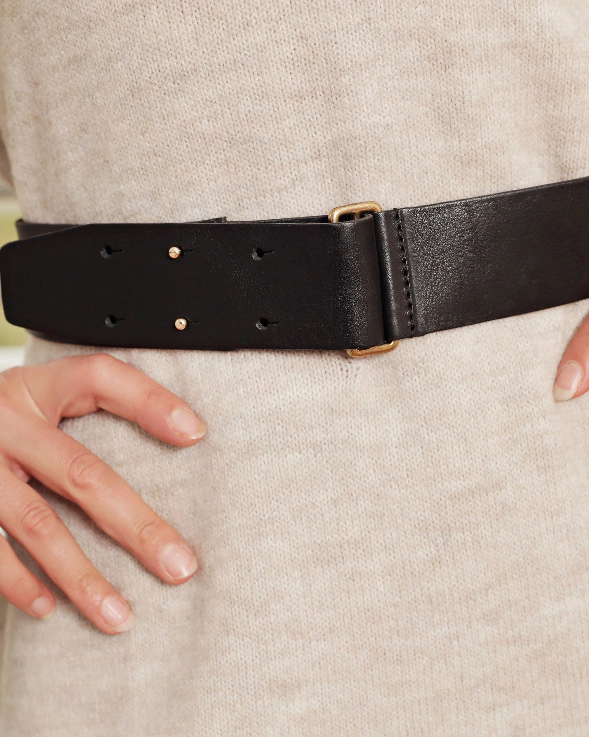 Vera | Wide Leather Waist Belt | Double Prong Closure - Black