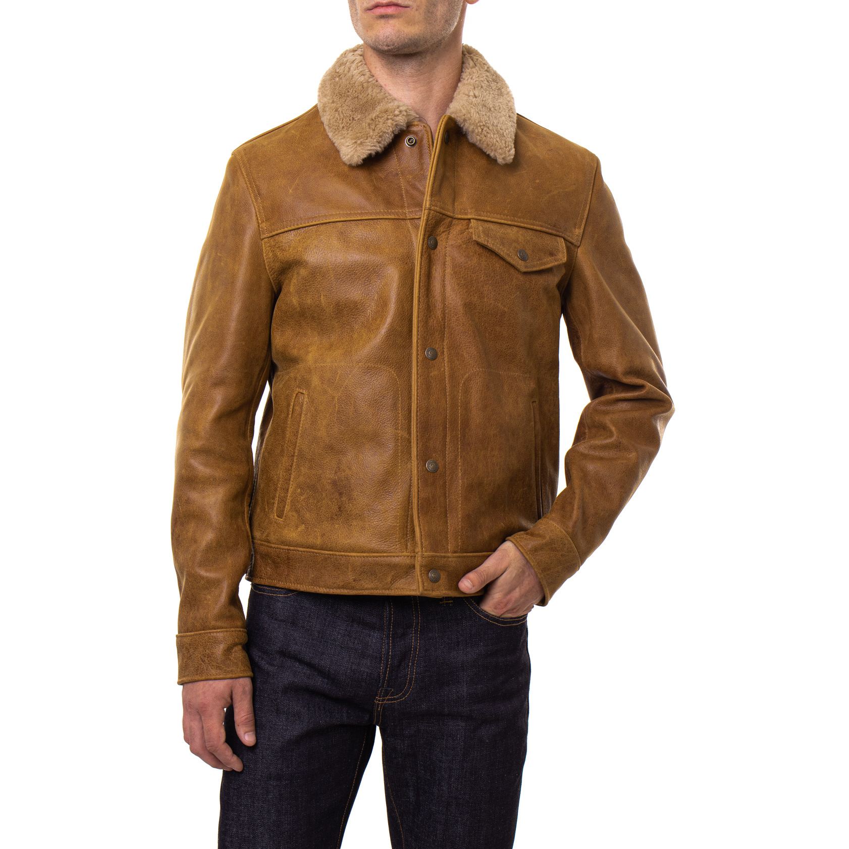 Men's Buffalo Leather Trucker Jacket with Sheepskin Collar