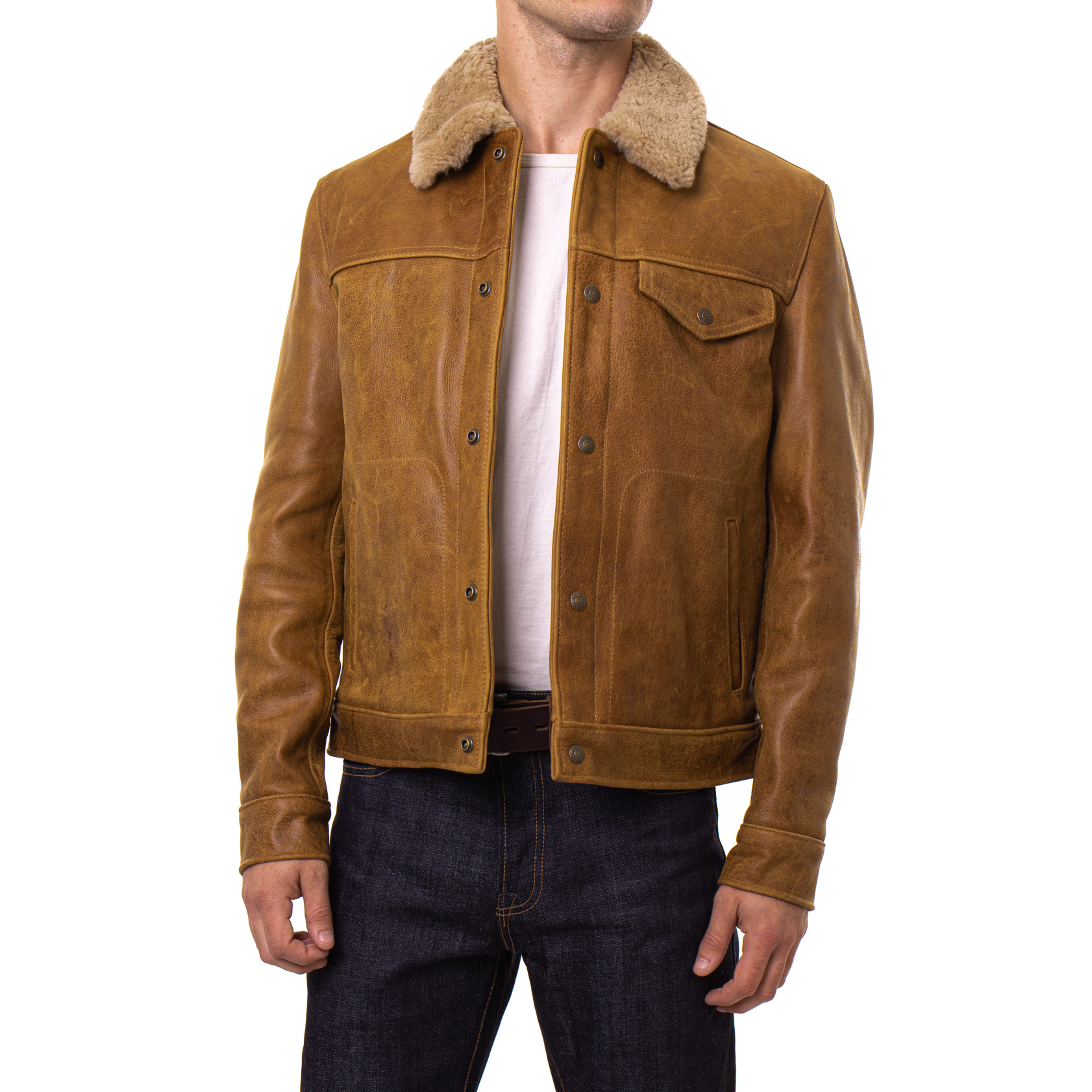 Men's Buffalo Leather Trucker Jacket with Sheepskin Collar