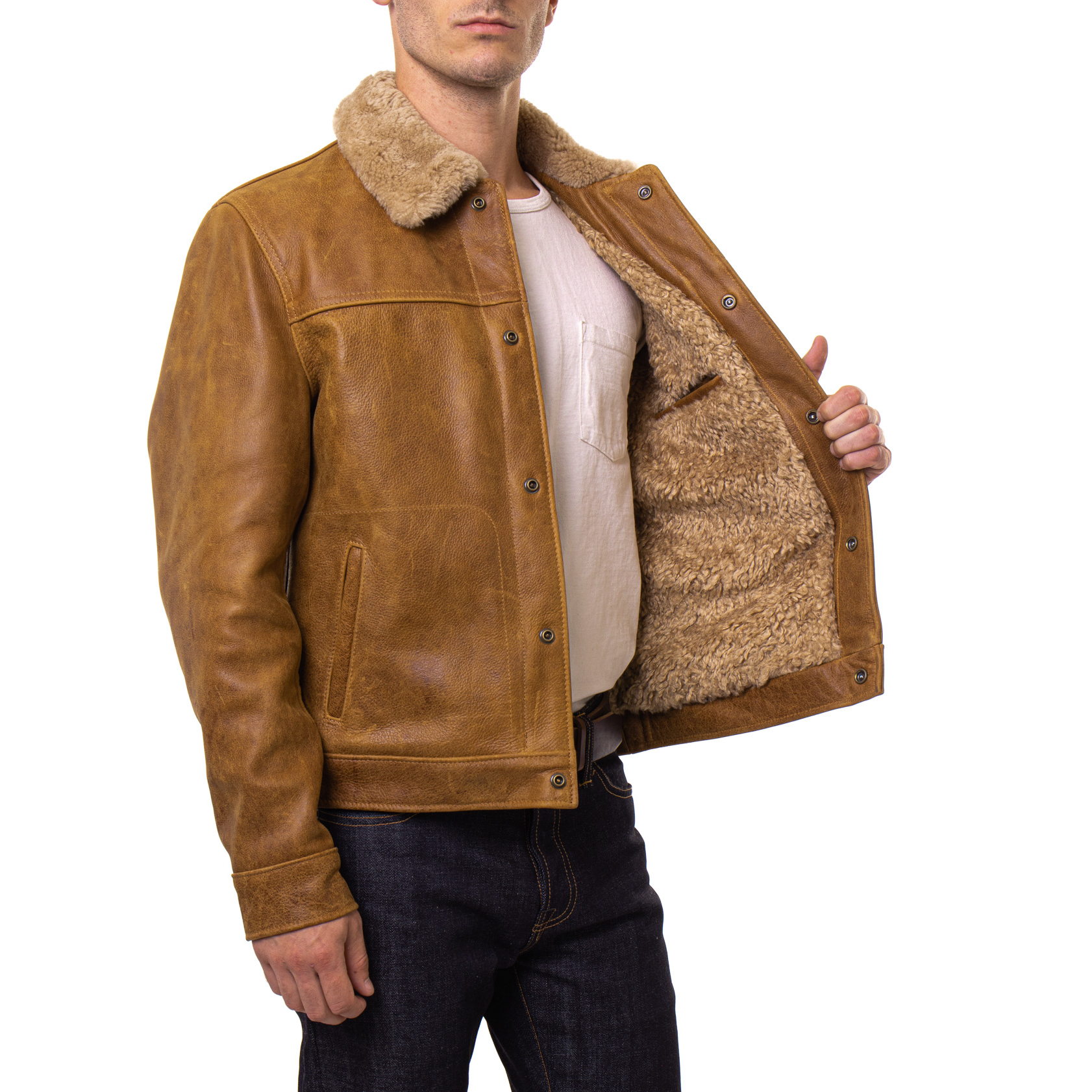 Men's Buffalo Leather Trucker Jacket with Sheepskin Collar