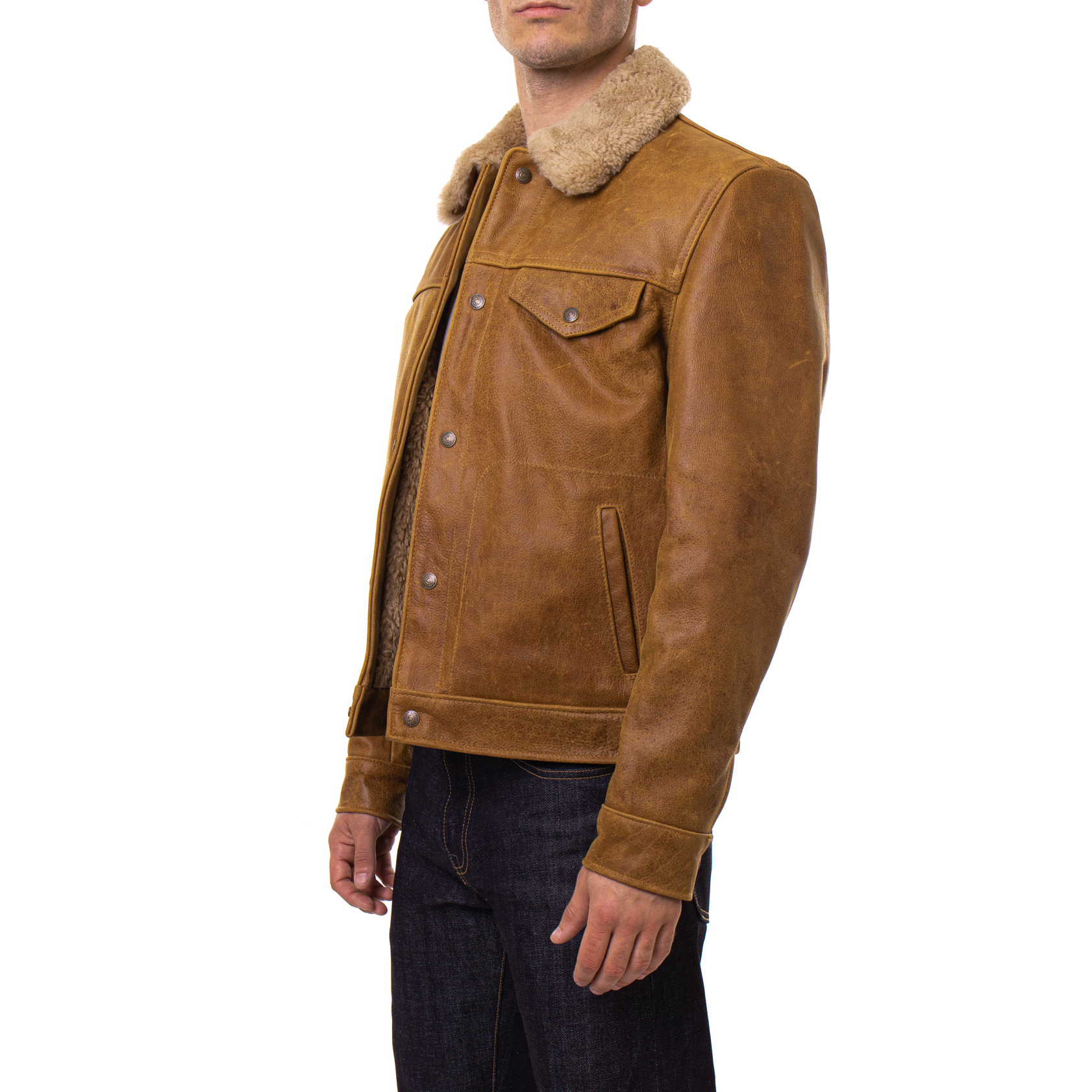Men's Buffalo Leather Trucker Jacket with Sheepskin Collar