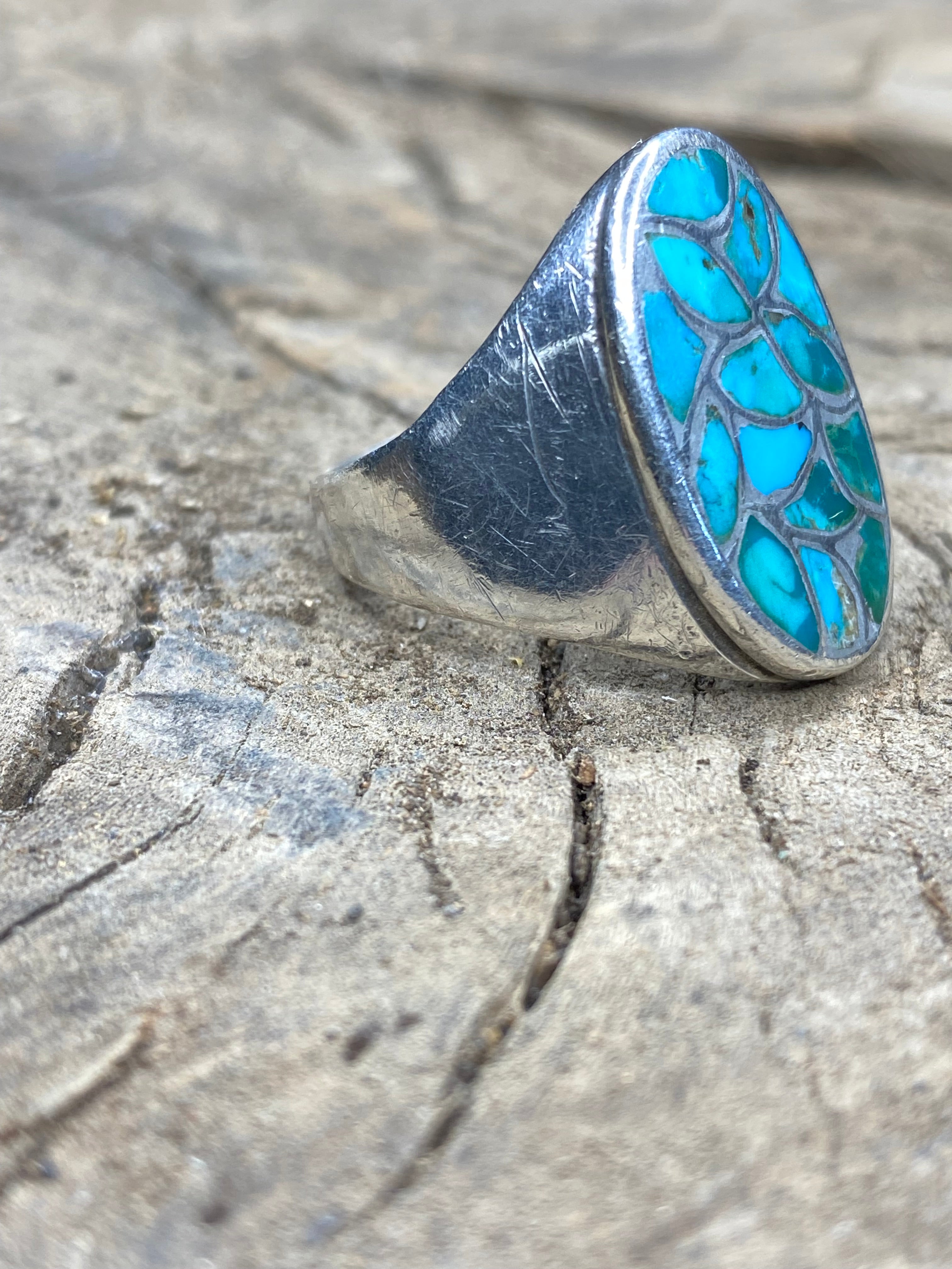Vintage Turquoise Inlay Fish Scale Silver Men's Ring - Size 11