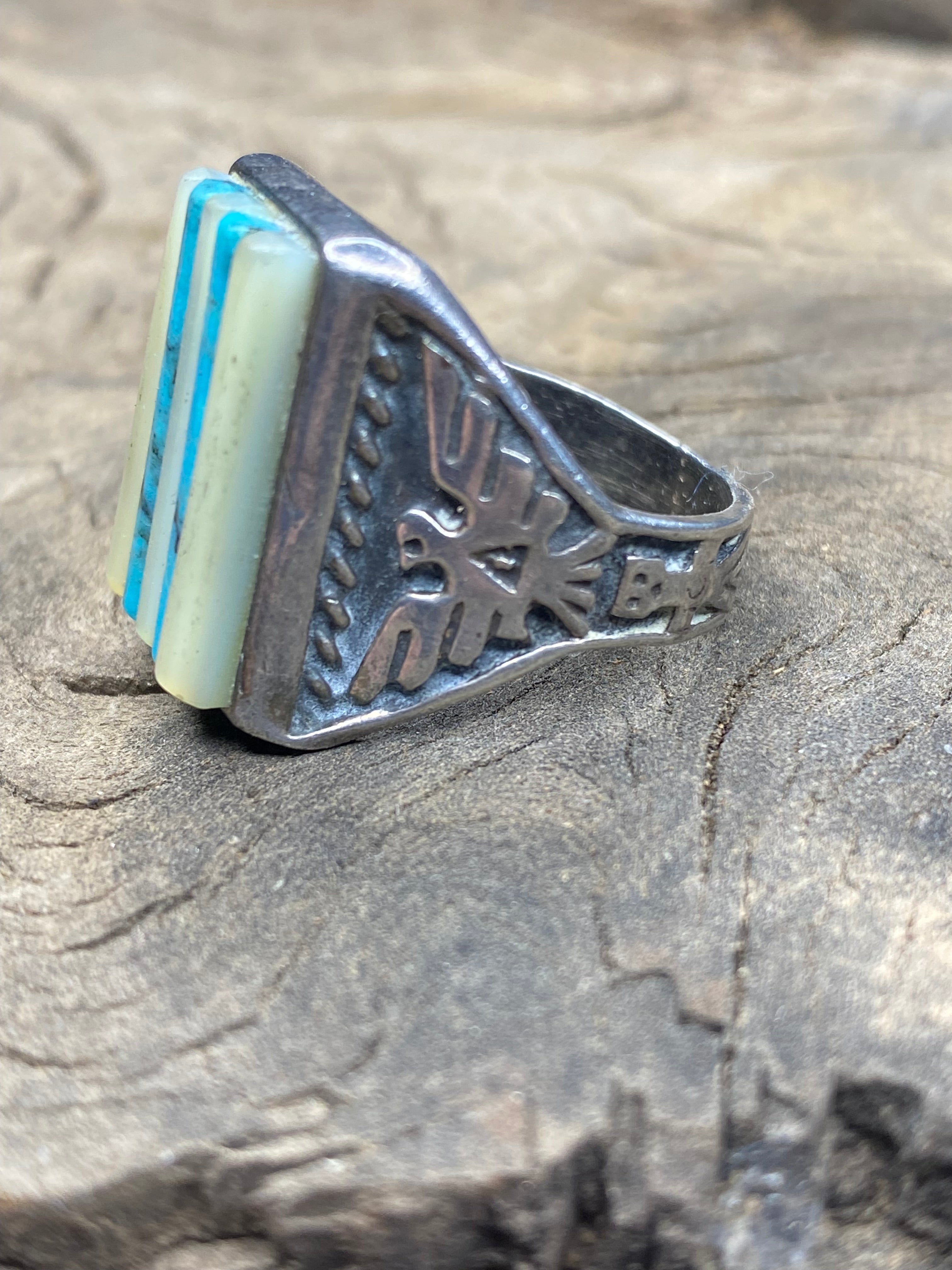 Vintage Turquoise and Mother of Pearl Inlay Silver Men's Ring - Size 10.5