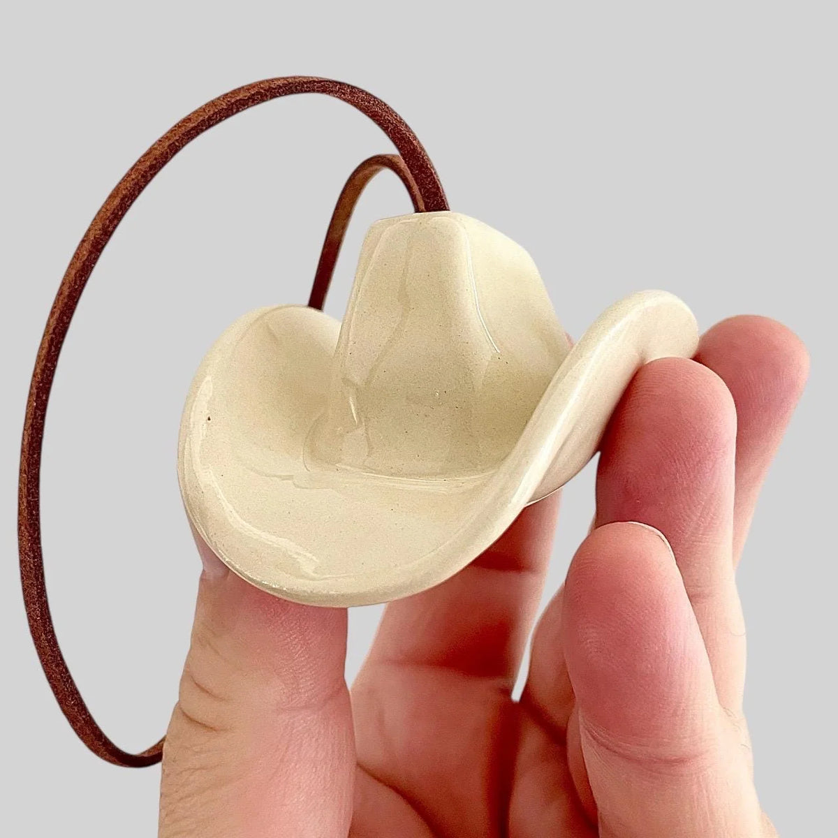 Small Ceramic Cowboy Hat Ornament with Vegan Leather Cord