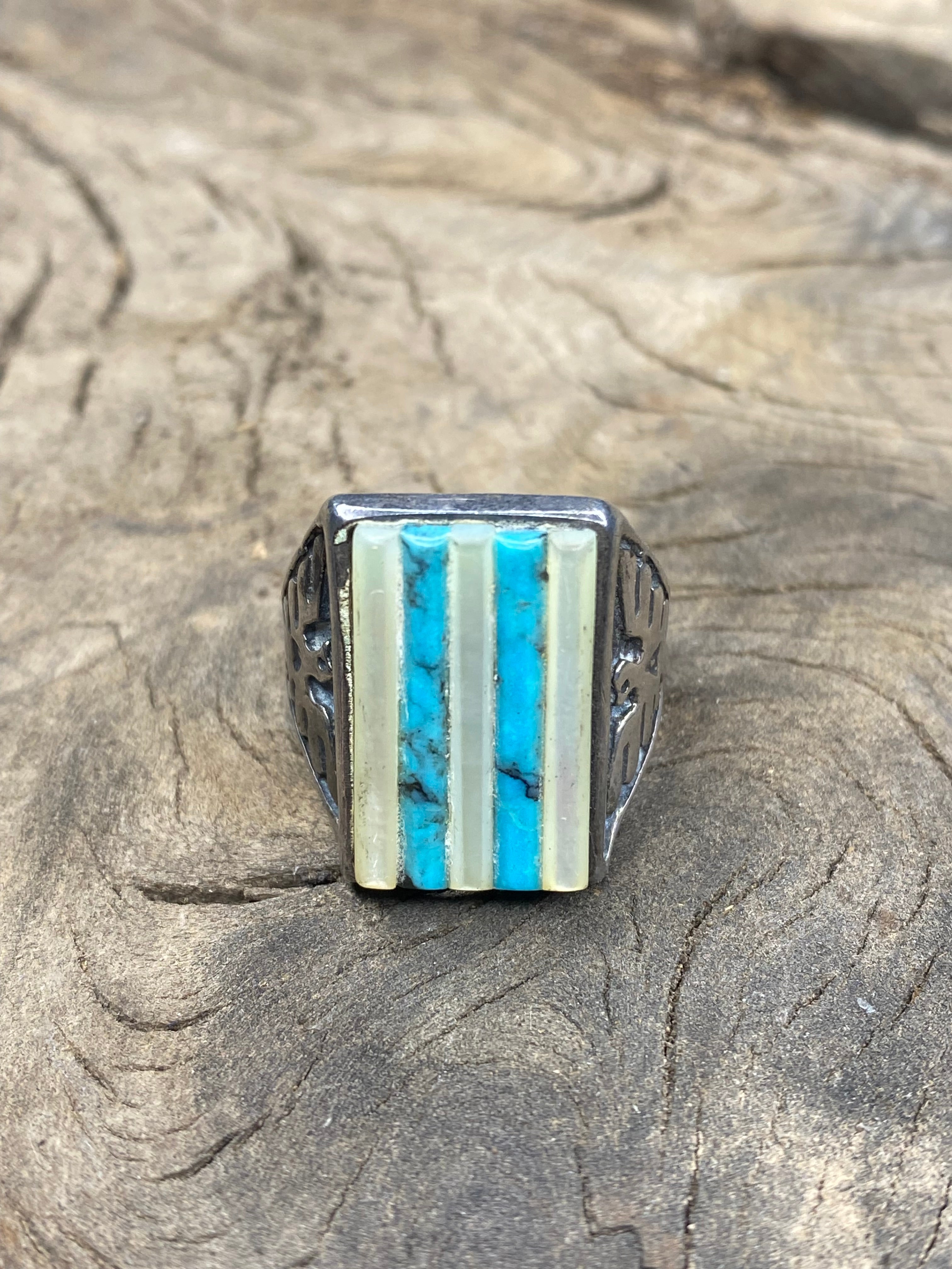 Vintage Turquoise and Mother of Pearl Inlay Silver Men's Ring - Size 10.5