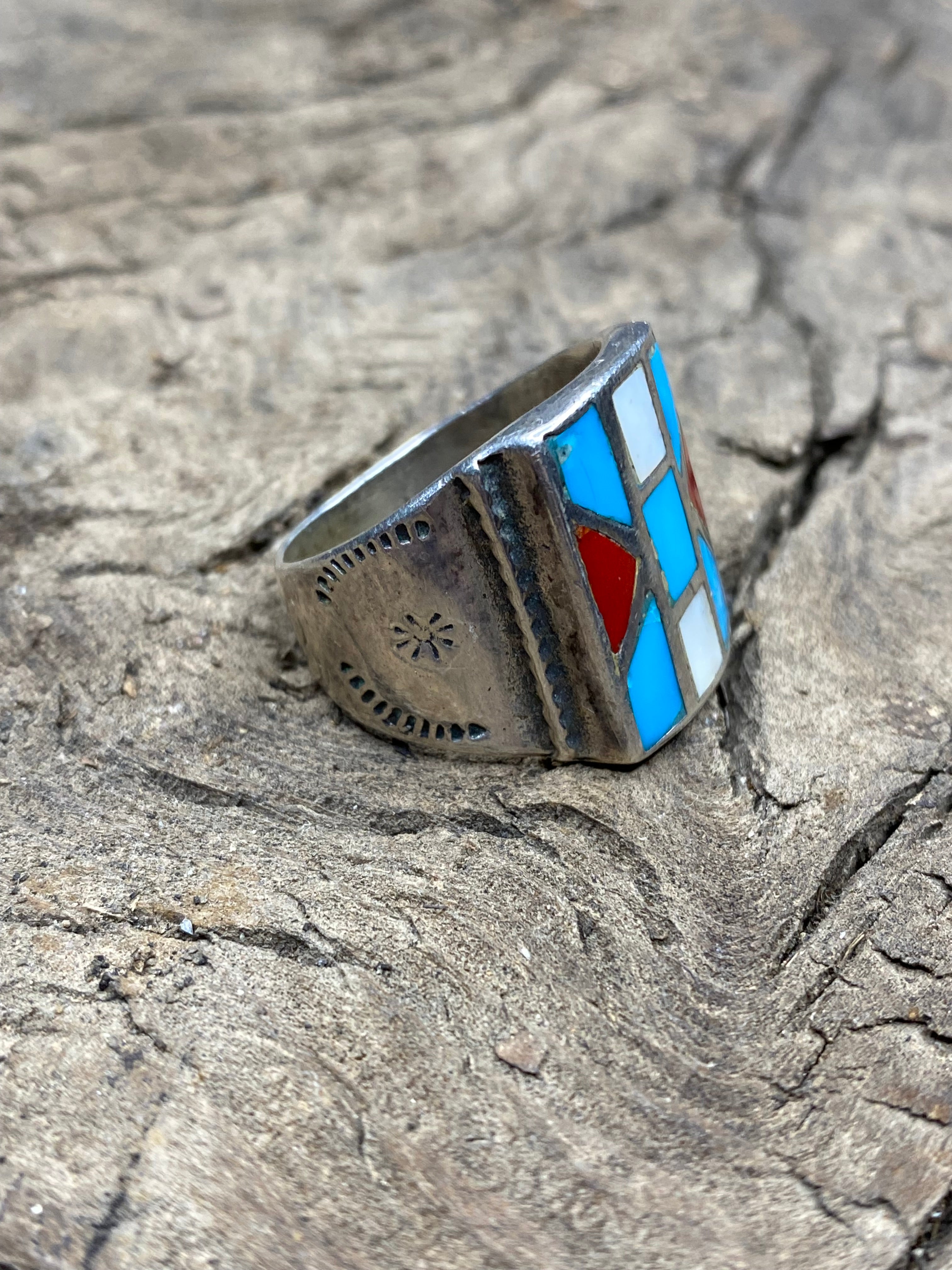 Vintage Turquoise Silver Inlay Men's Ring - Size 9.5