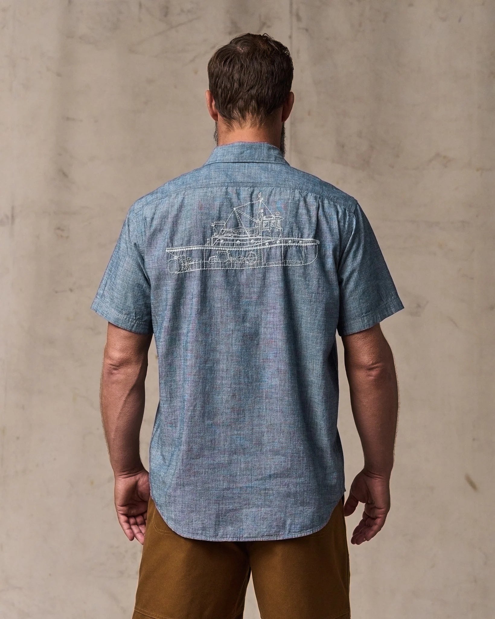 Short-sleeve Embroidered Chambray Shirt