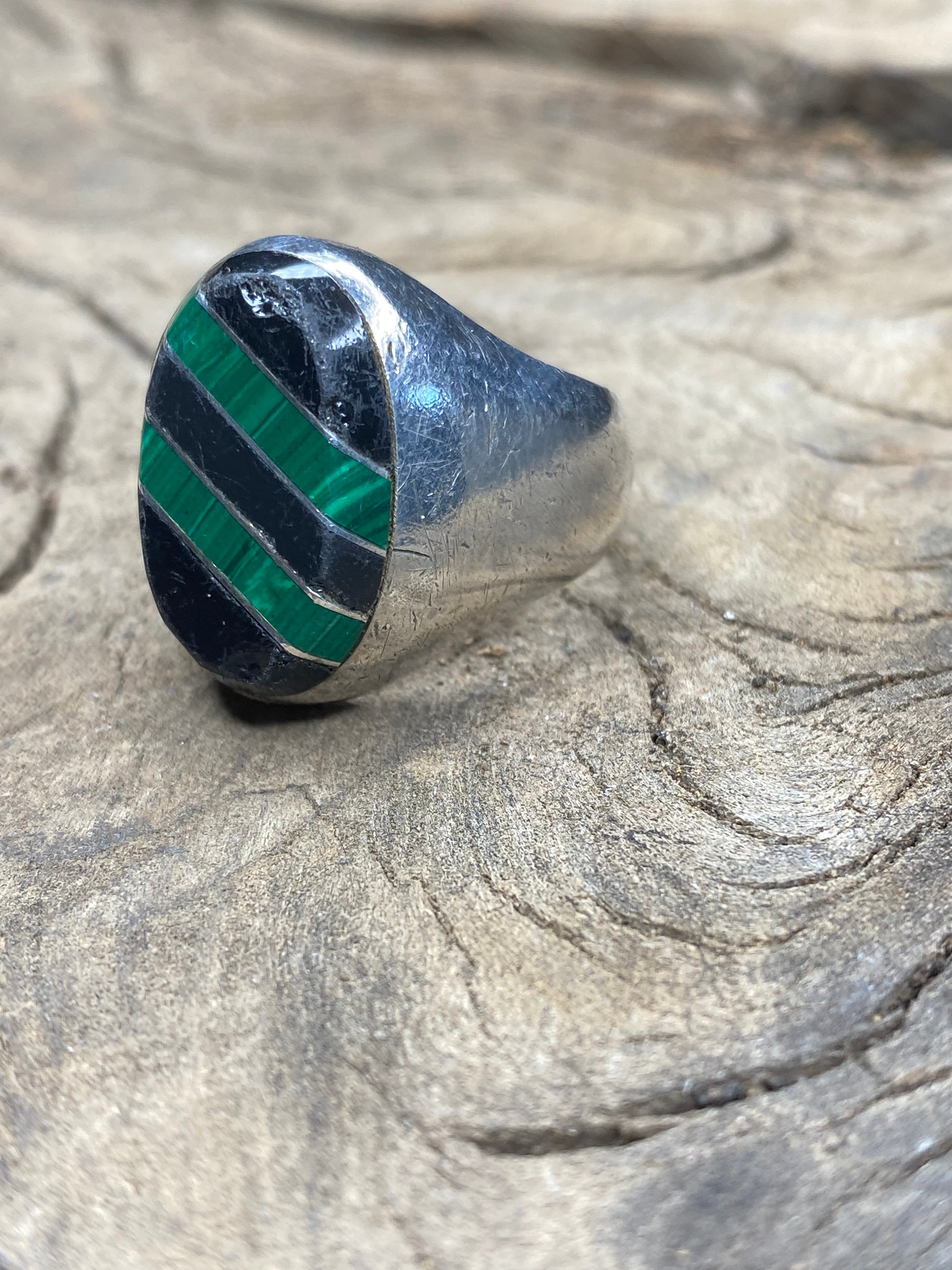 Vintage Onyx and Malachite Inlay Striper Silver Ring Size 10.5