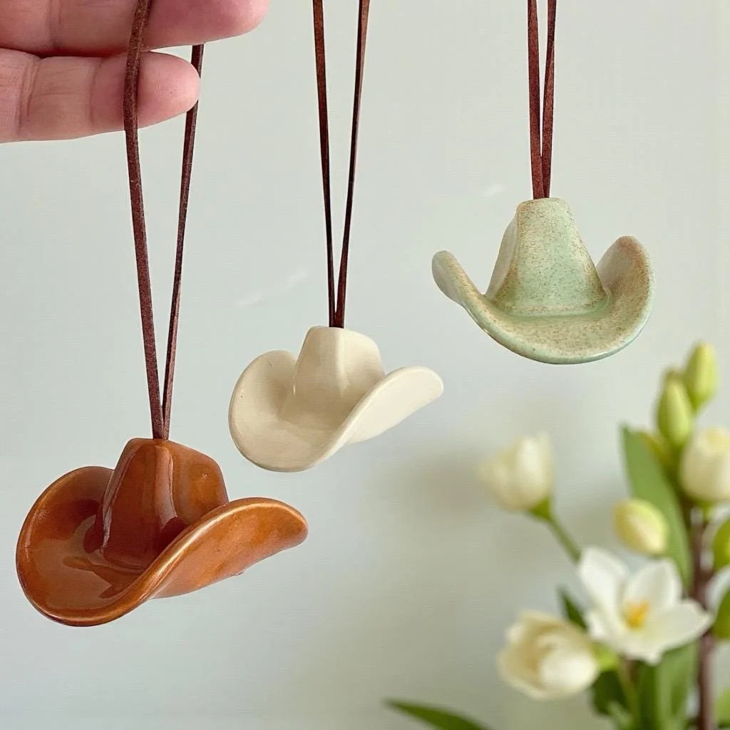 Small Ceramic Cowboy Hat Ornament with Vegan Leather Cord