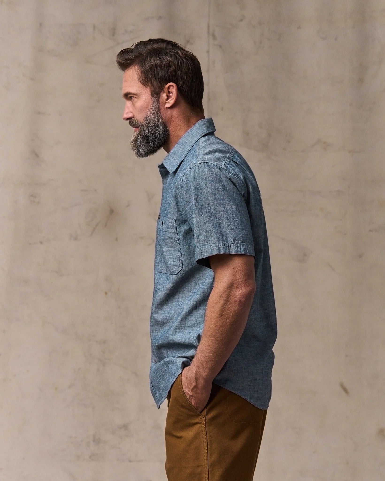 Short-sleeve Embroidered Chambray Shirt