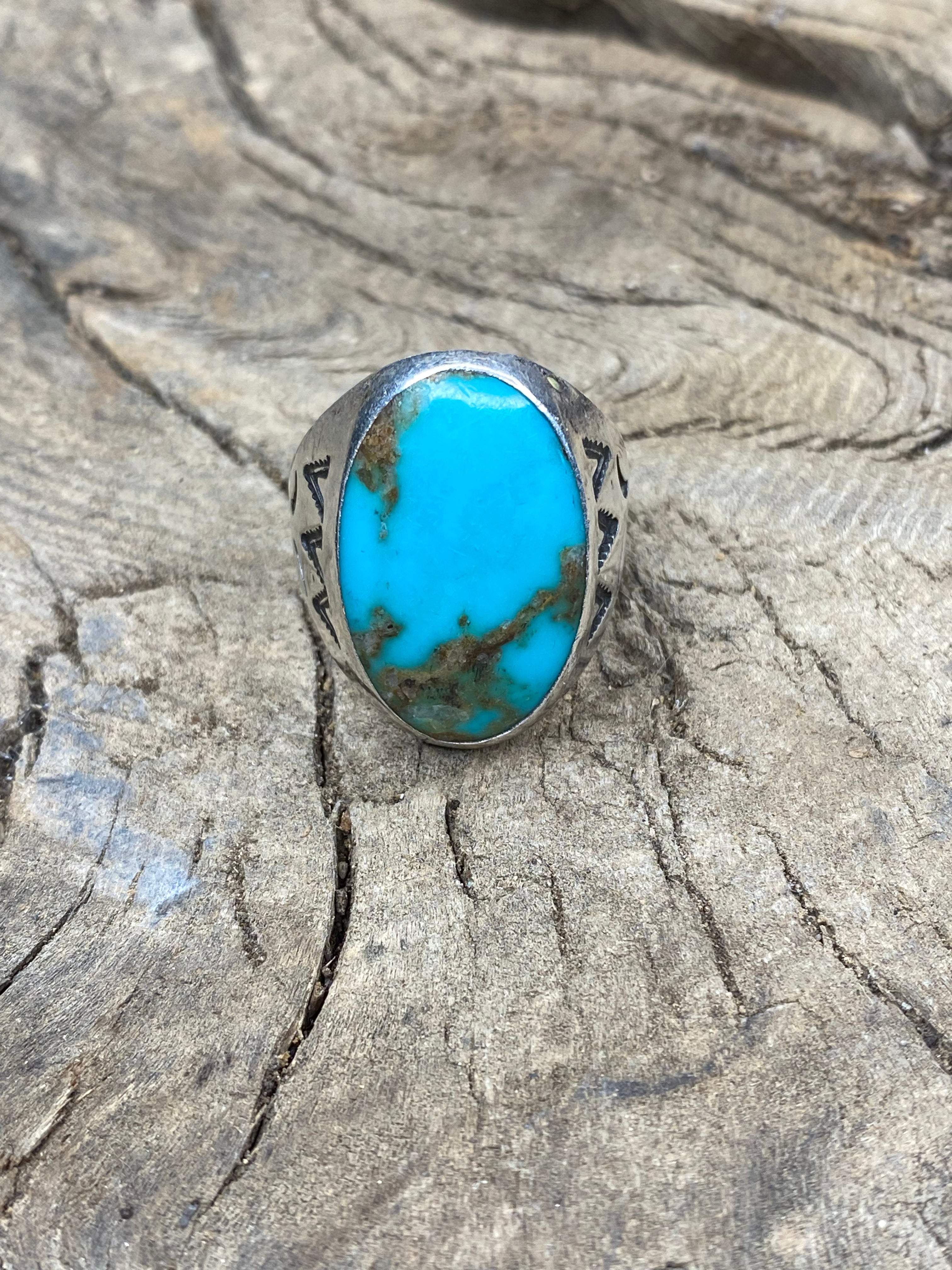Vintage Turquoise Silver Men's Ring - Size 12