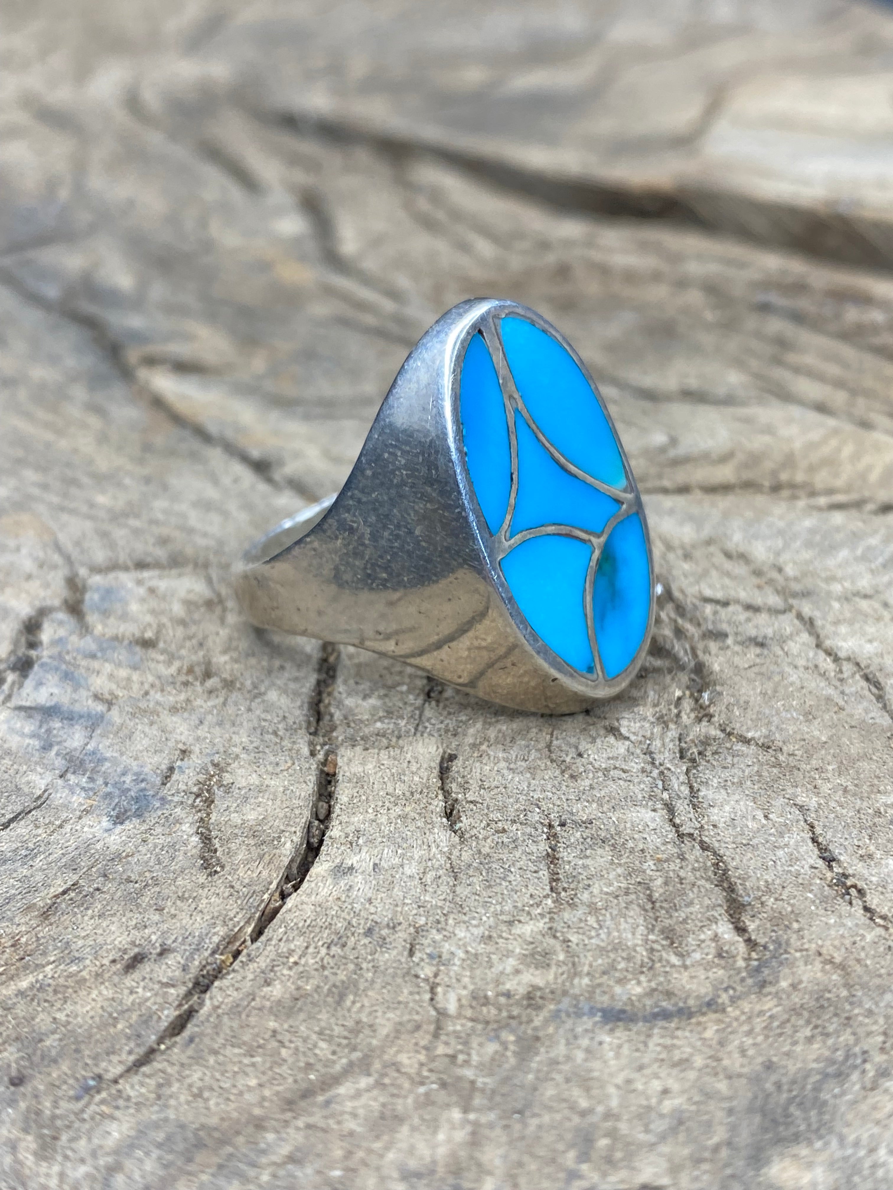 Vintage Turquoise Silver Inlay Men's Ring - Size 11