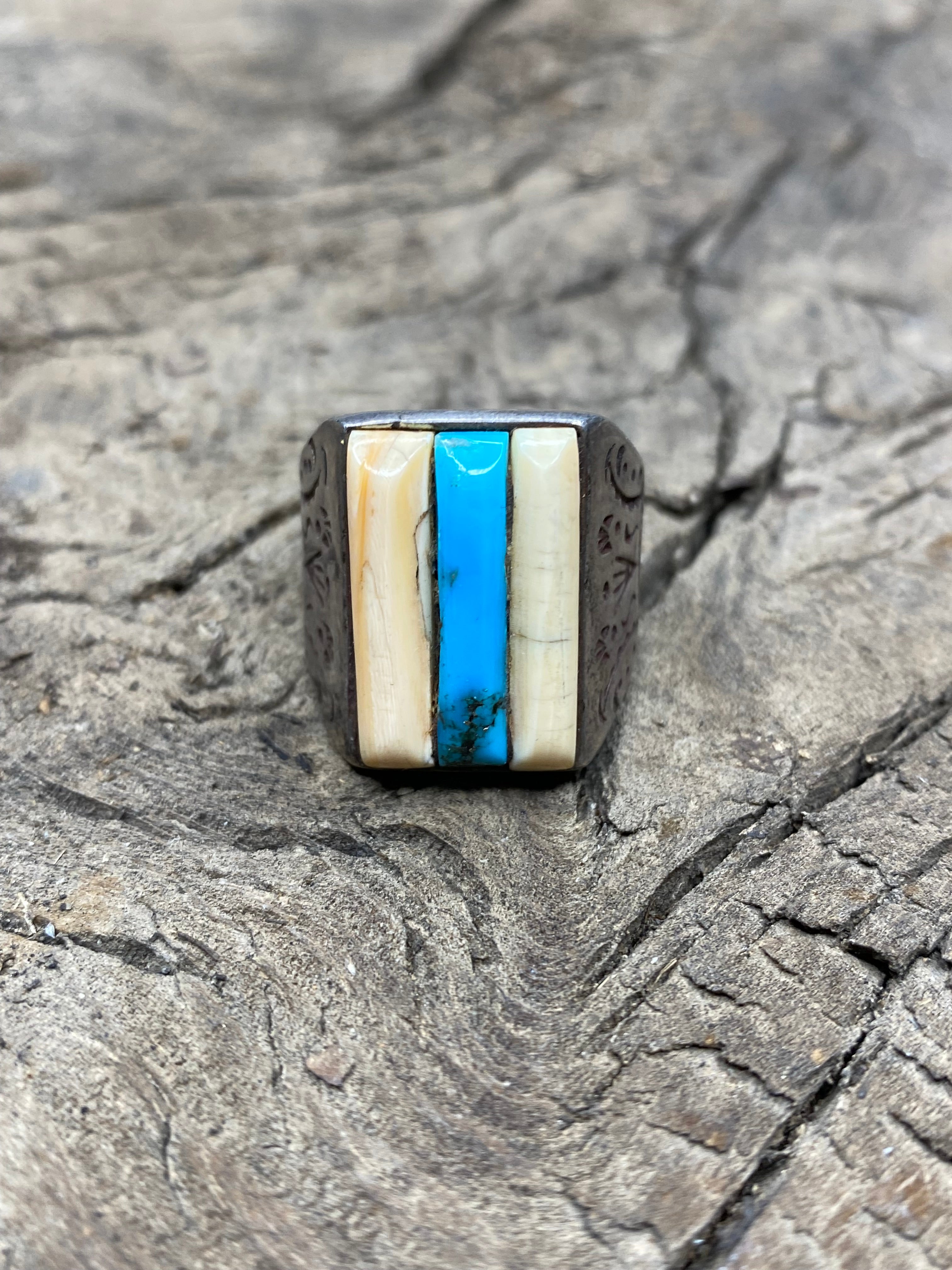 Vintage Turquoise and Silver Mixed Stone Men's Ring - Size 10.5