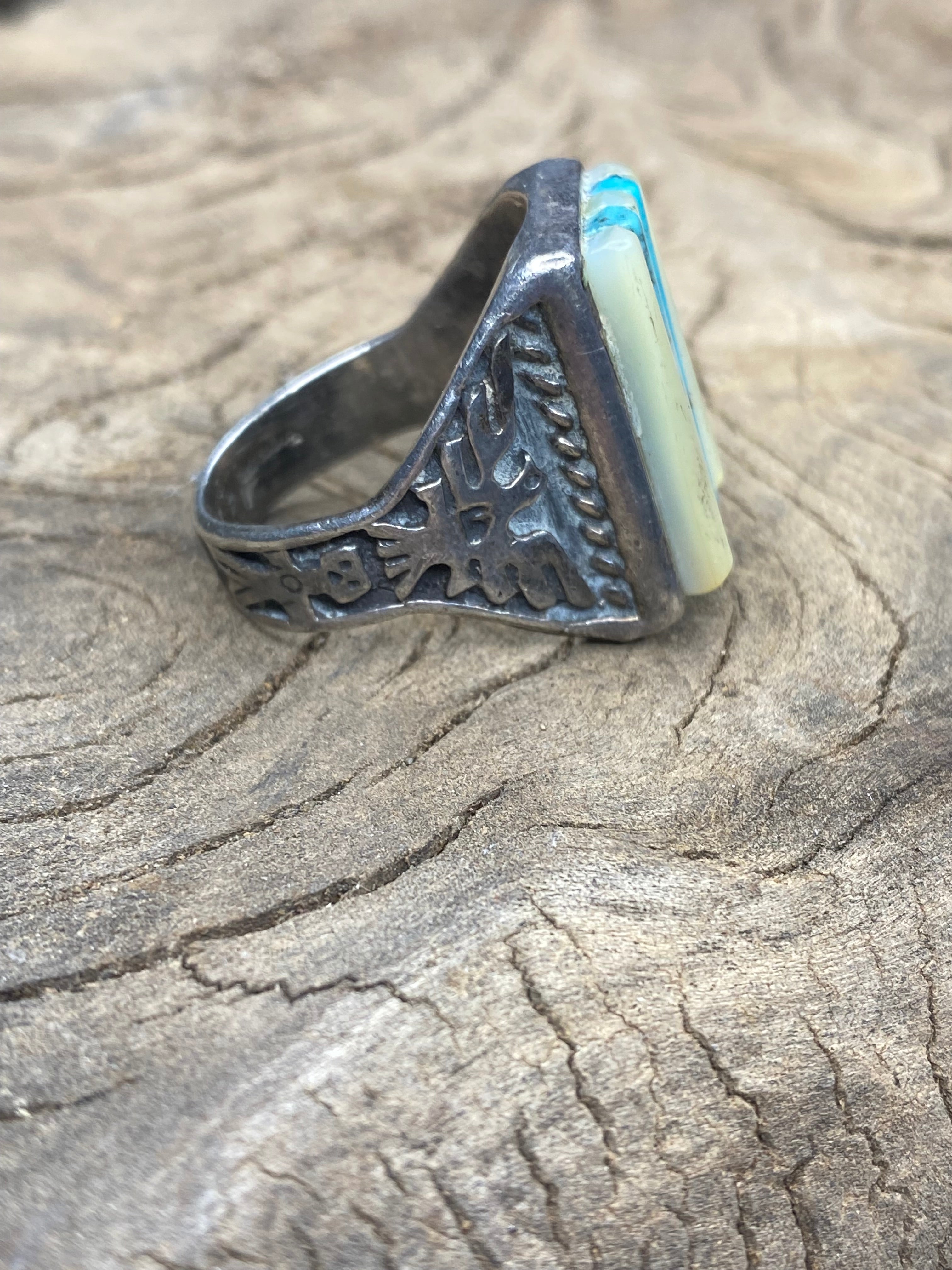 Vintage Turquoise and Mother of Pearl Inlay Silver Men's Ring - Size 10.5