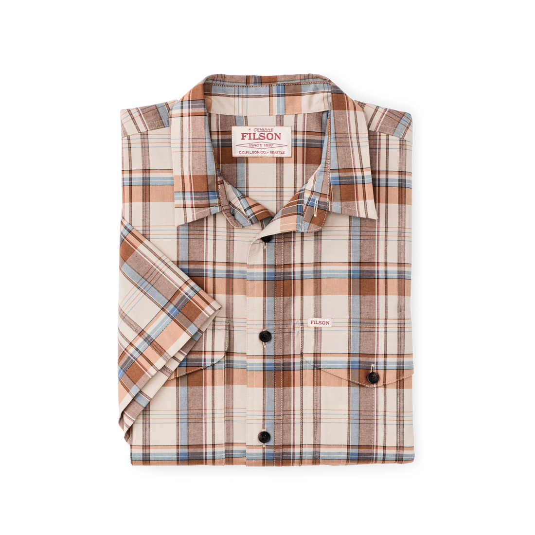 TWIN LAKES SHORT SLEEVE SPORT SHIRT - BEIGE / RUST PLAID