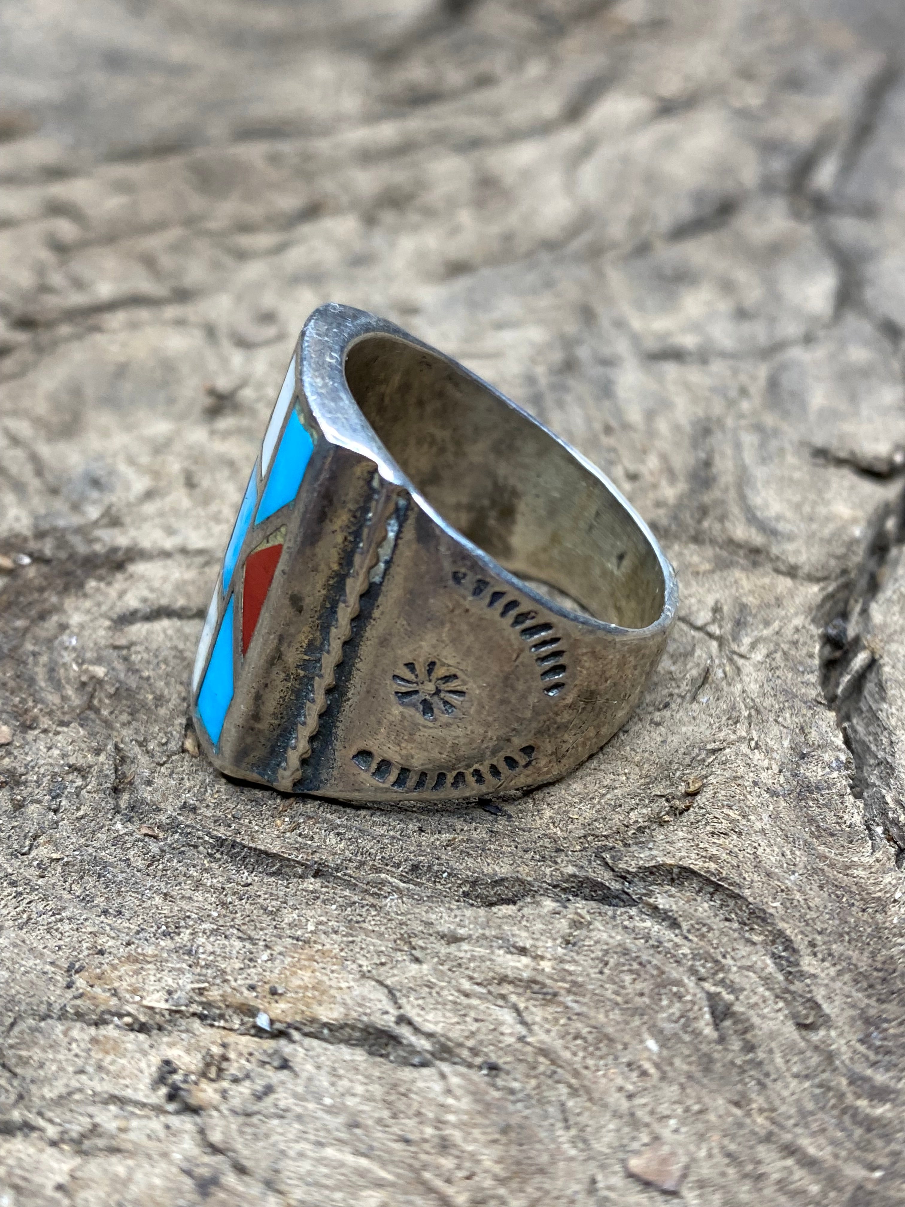Vintage Turquoise Silver Inlay Men's Ring - Size 9.5