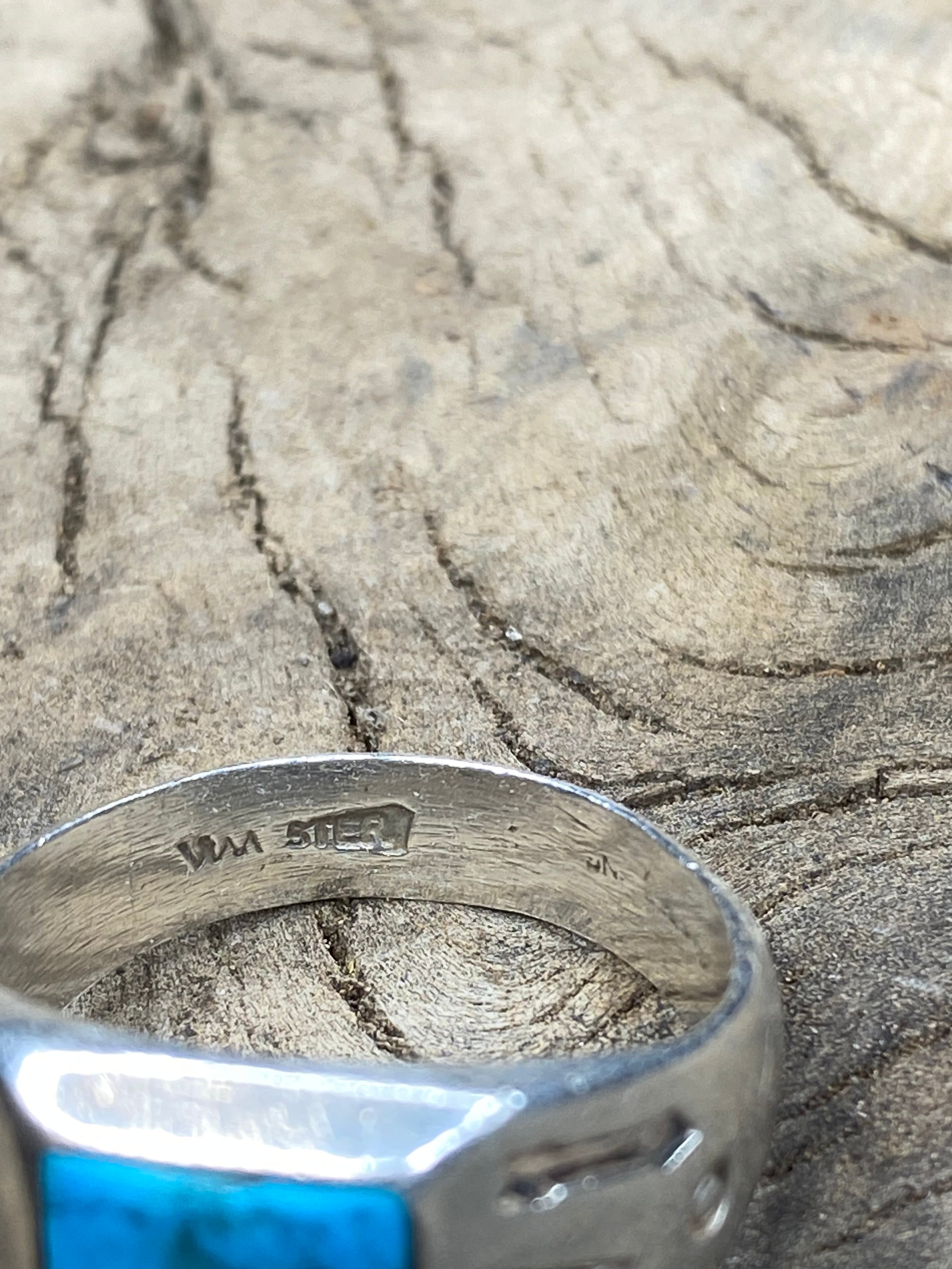 Vintage Turquoise Stamped Sterling Silver Arrows Ring - Size 11.5