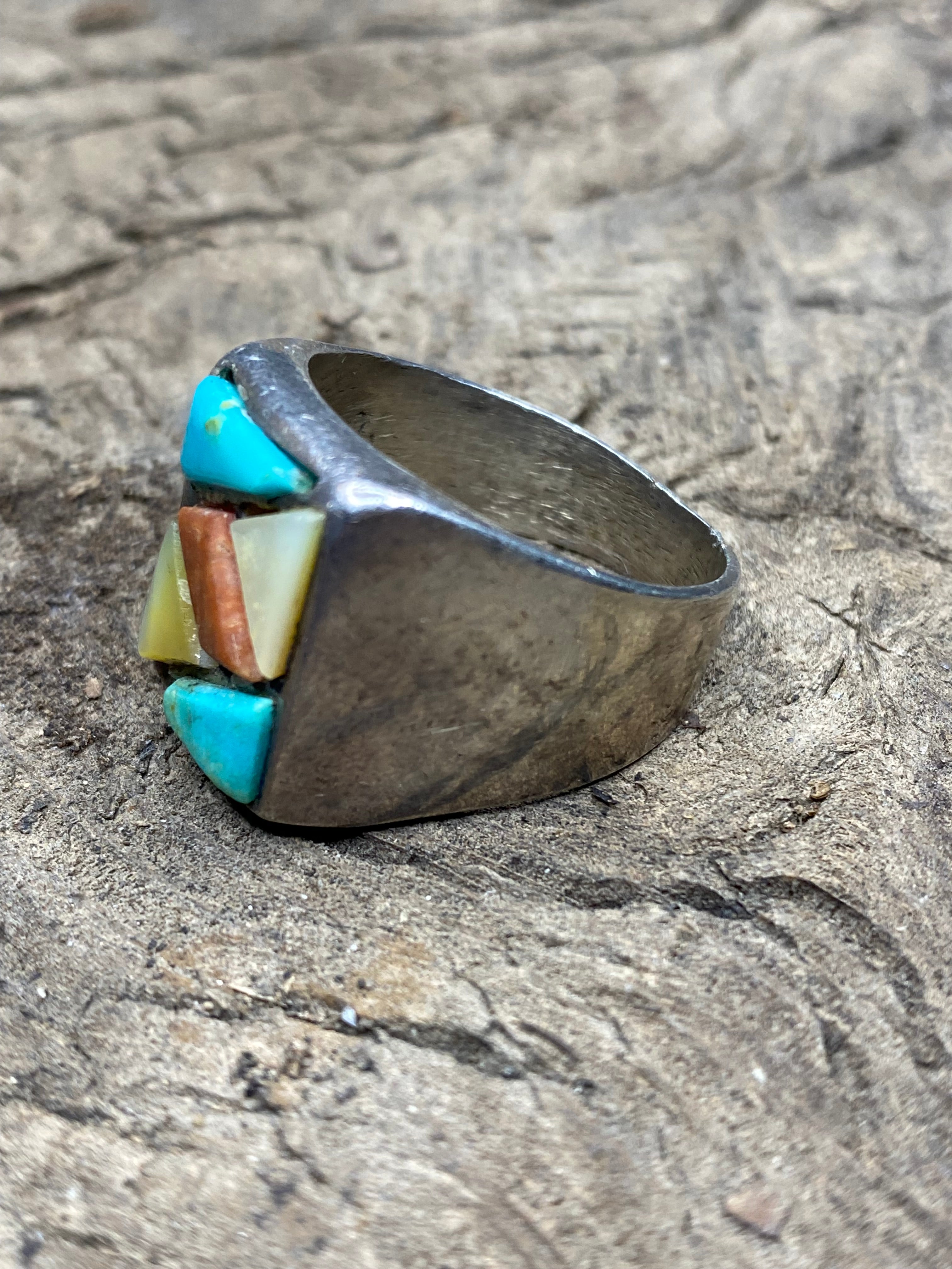 Vintage Turquoise and Silver Mixed Stone Men's Ring - Size 12