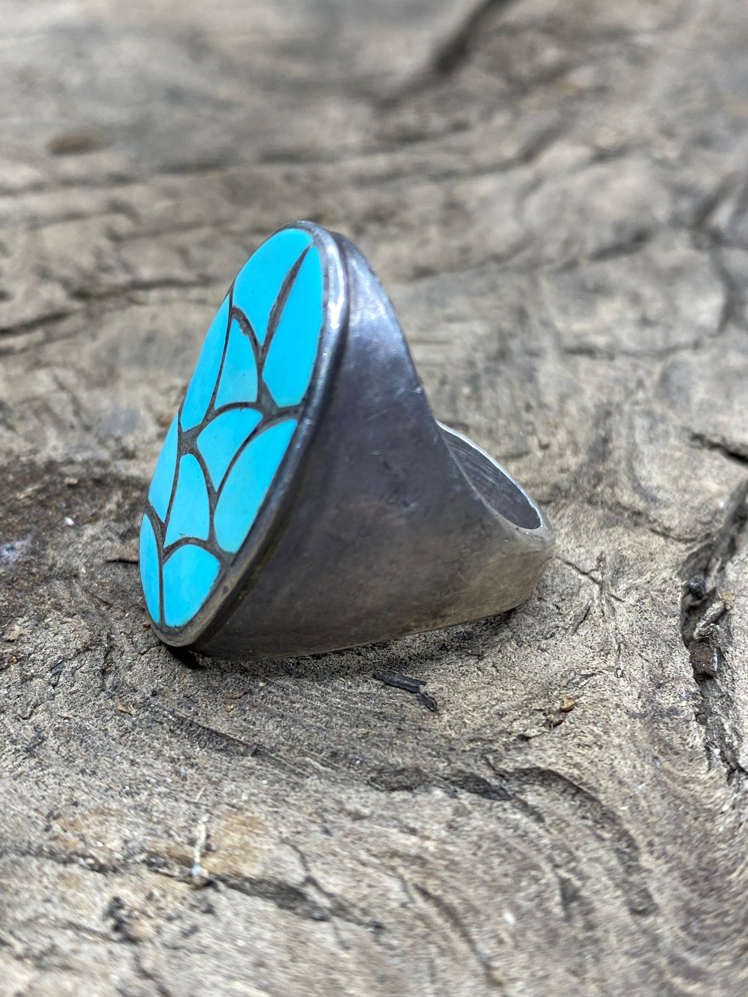 Vintage Turquoise Silver Inlay Men's Ring - Size 10