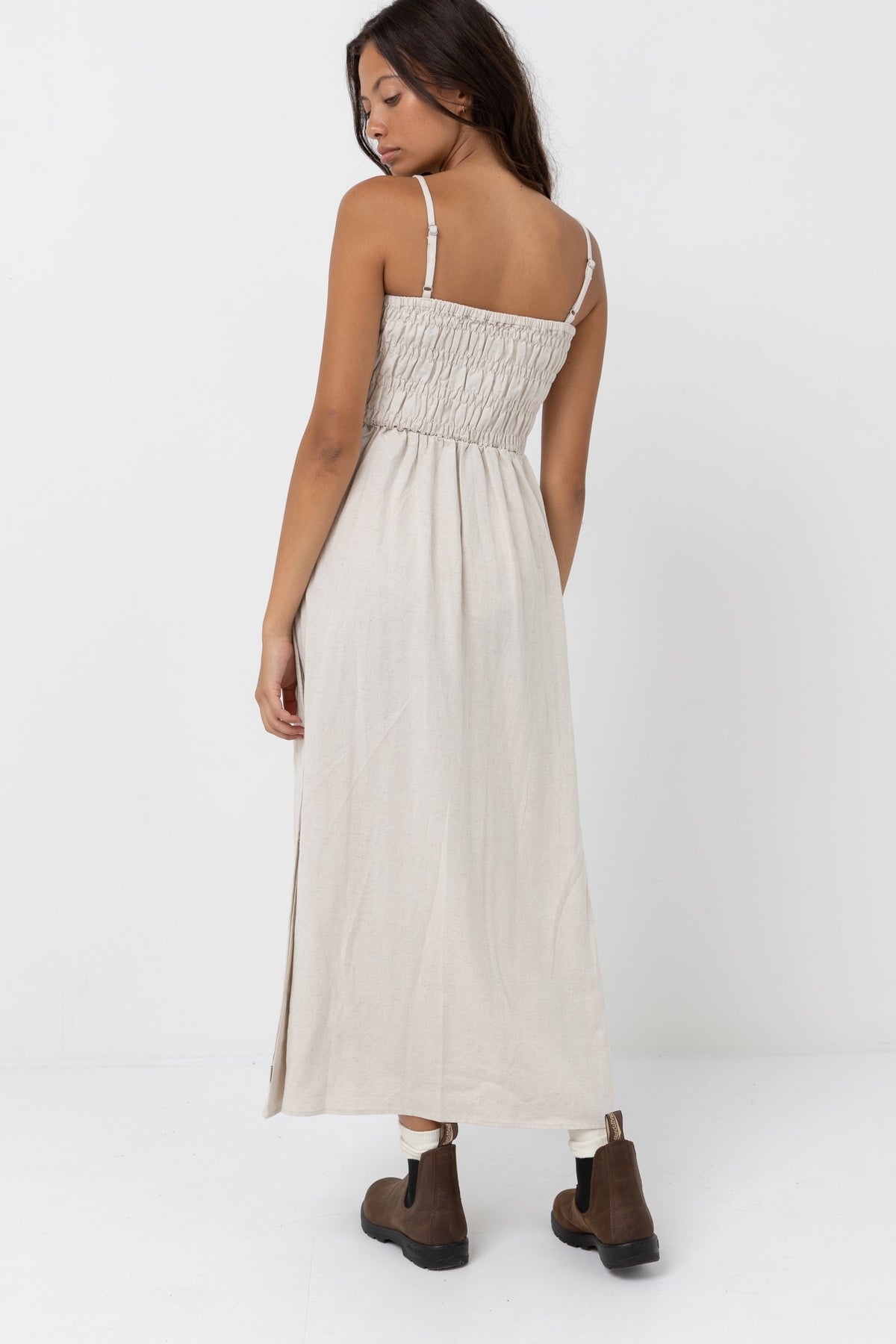 Classic Shirred Midi Dress in Oat