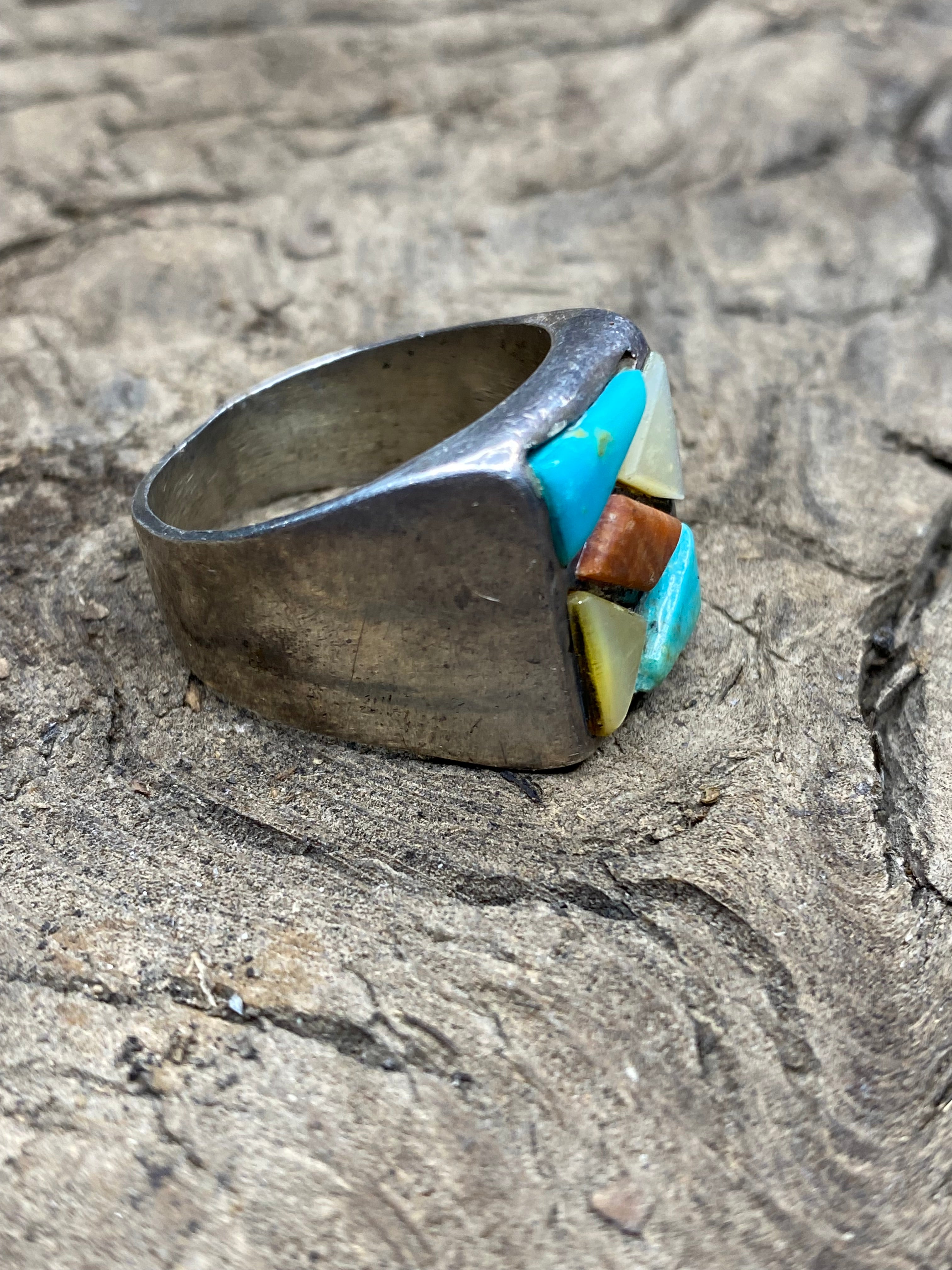 Vintage Turquoise and Silver Mixed Stone Men's Ring - Size 12