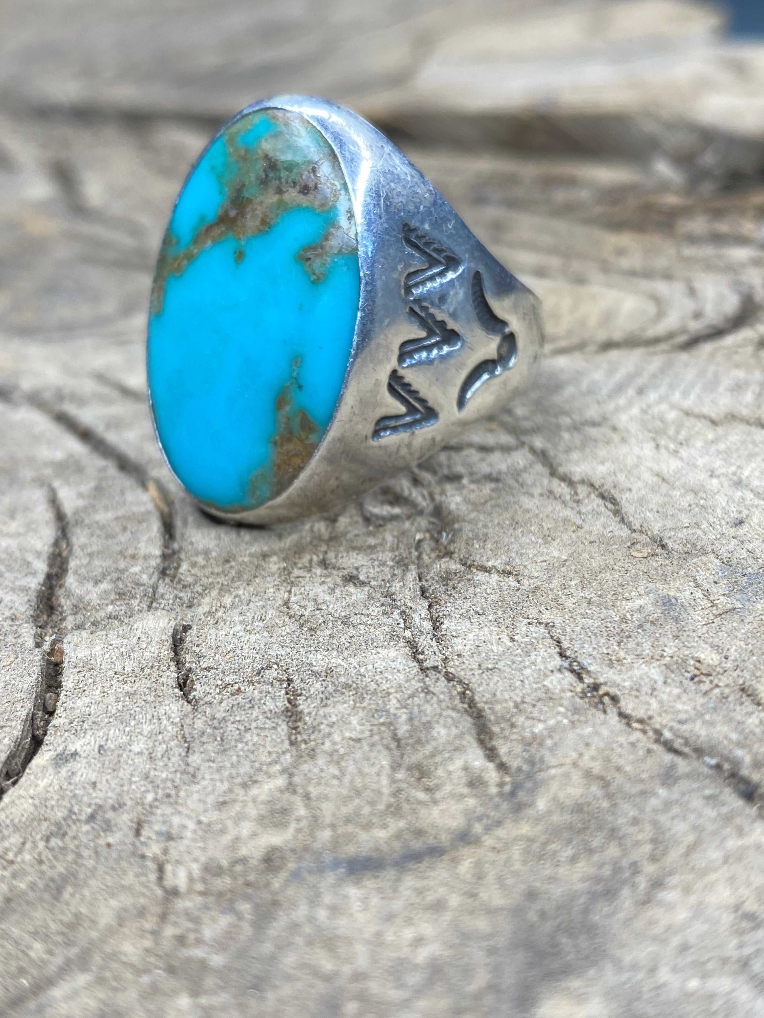 Vintage Turquoise Silver Men's Ring - Size 12
