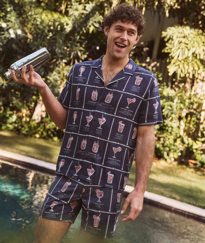 Tencel Linen Resort Shirt - Navy Happy Hour Print