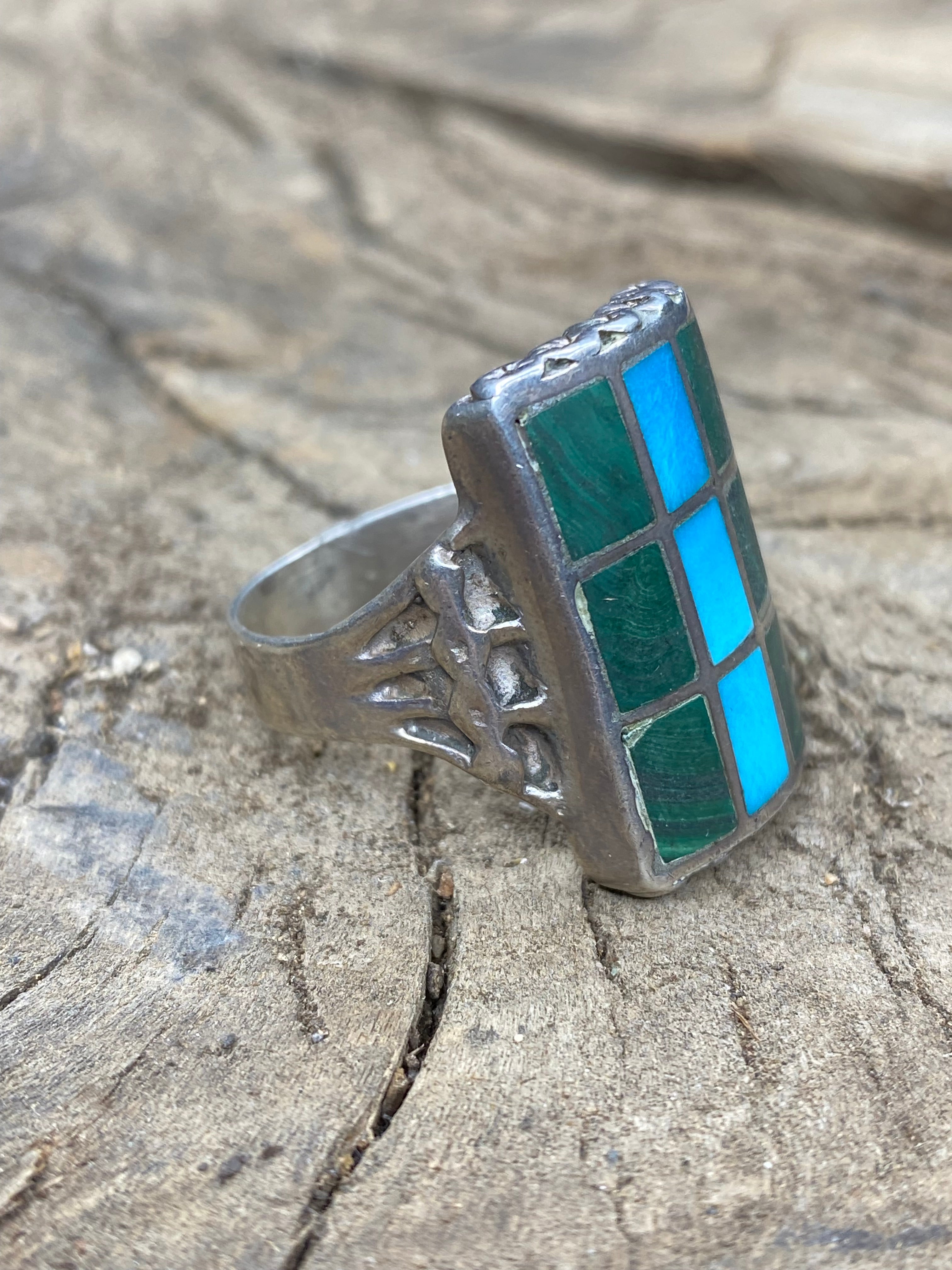 Vintage Turquoise and Malachite Silver Inlay Ring - Size 12.5