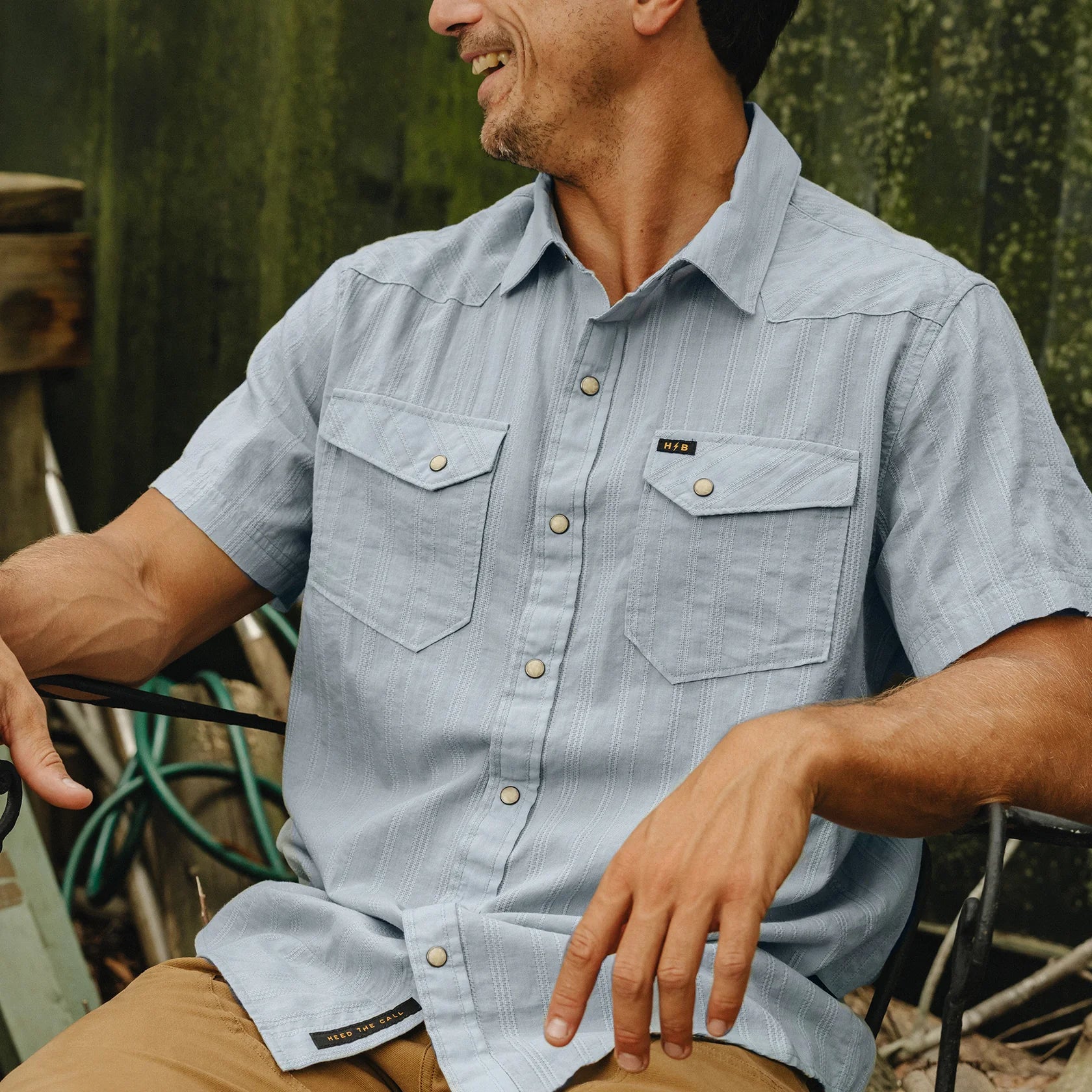 H Bar B Snapshirt - Eyelet Stripe : Sky Blue