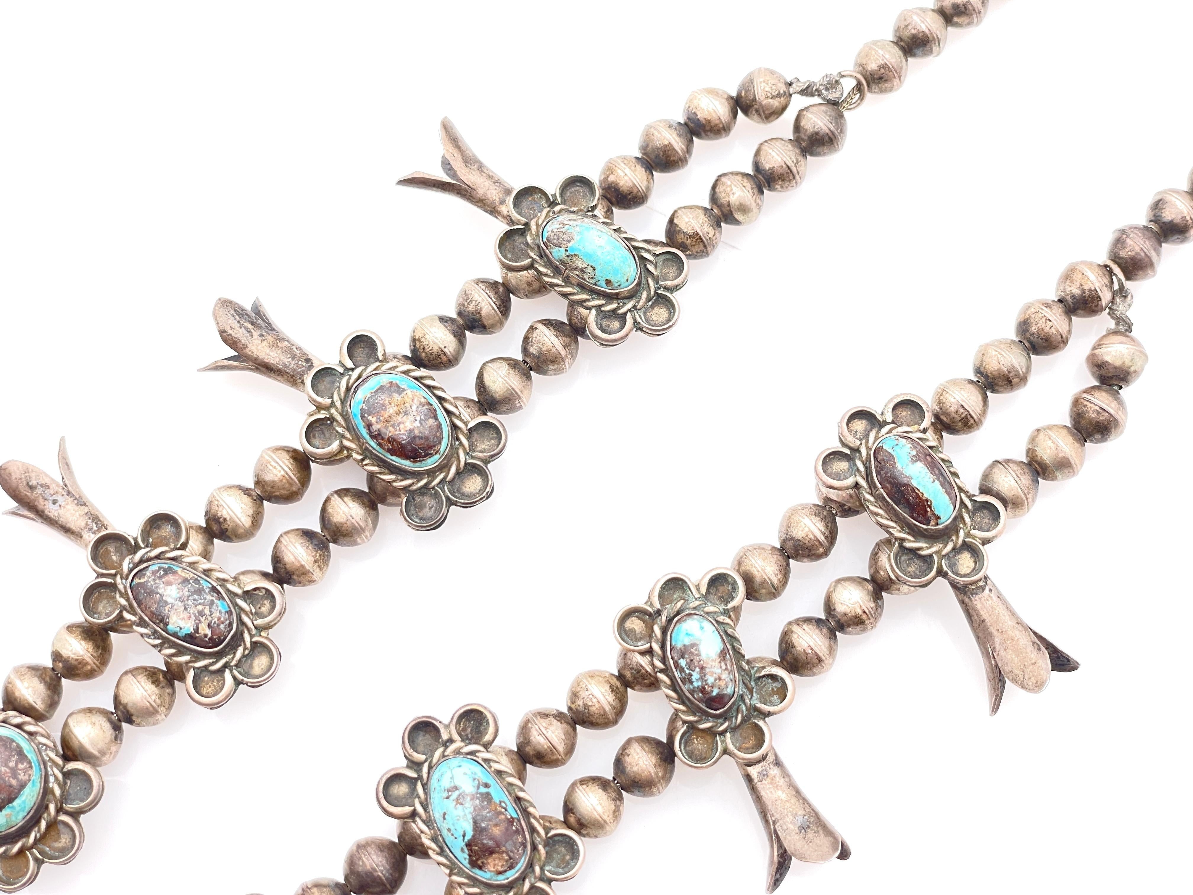 VINTAGE NATIVE AMERICAN STERLING SILVER TURQUOISE SQUASH BLOSSOM NECKLACE