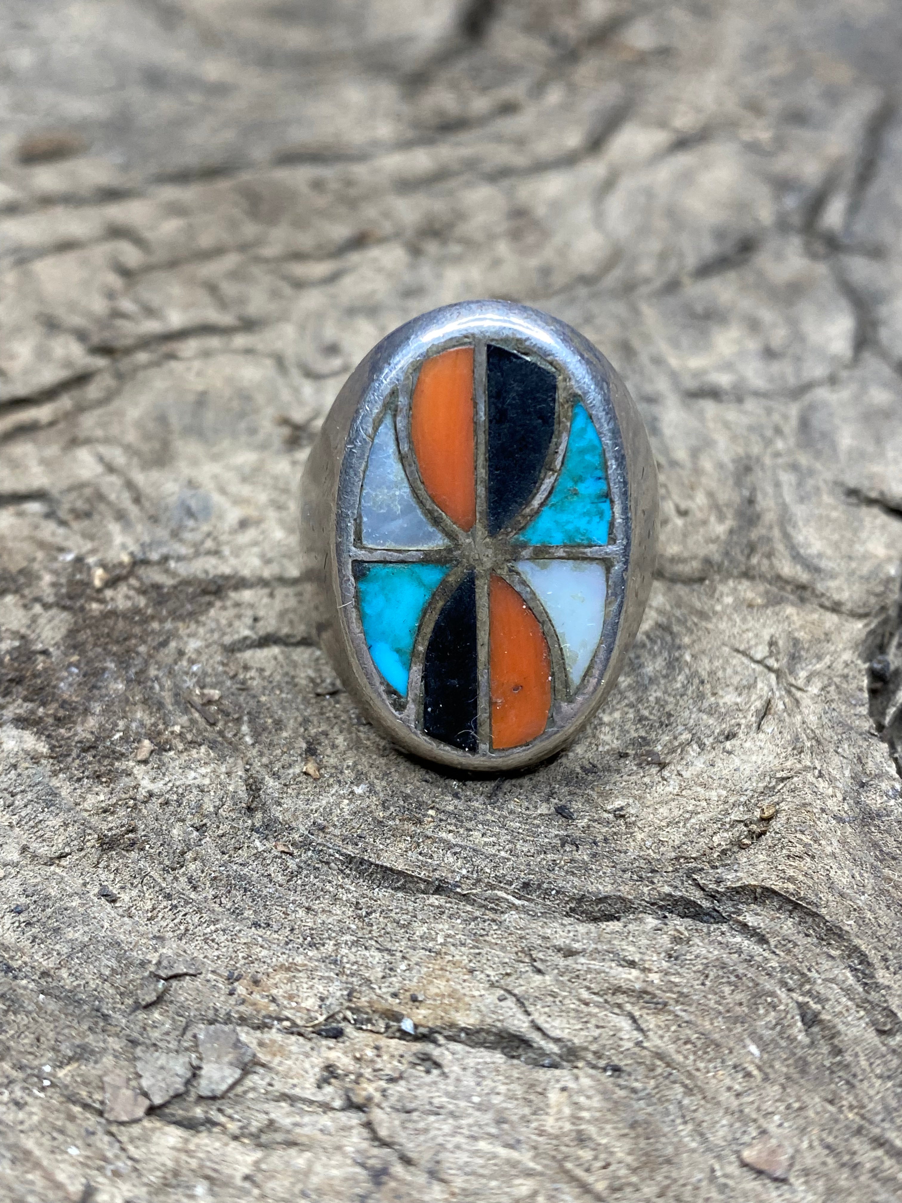 Vintage Turquoise and Silver Mixed Stone Men's Ring - Size 10